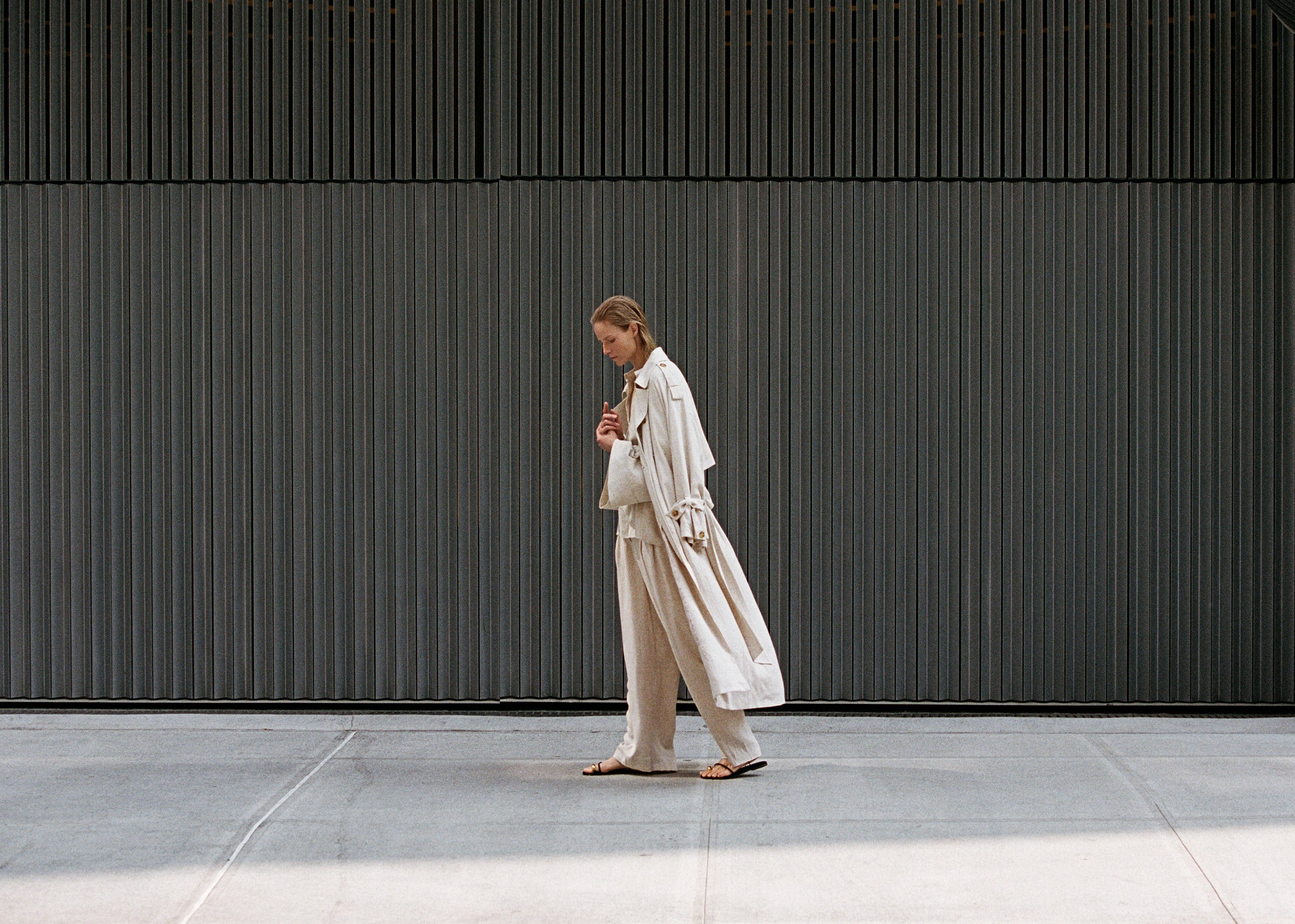 The Frankie Shop model photographed in New York City wearing an all beige outfit.
