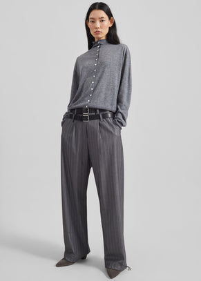 Alencon Double Belt-Loop Trousers - Grey/White Pinstripe