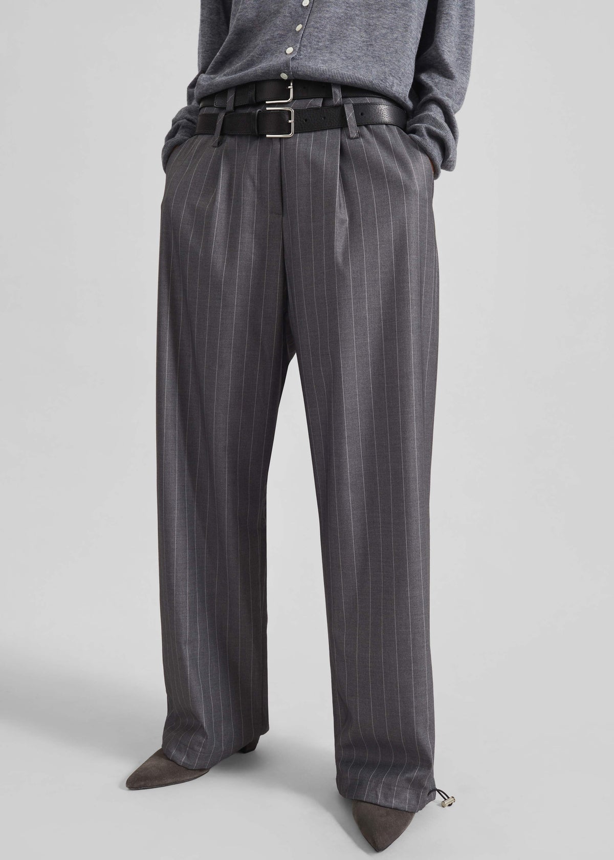 Alencon Double Belt-Loop Trousers - Grey/White Pinstripe - 3