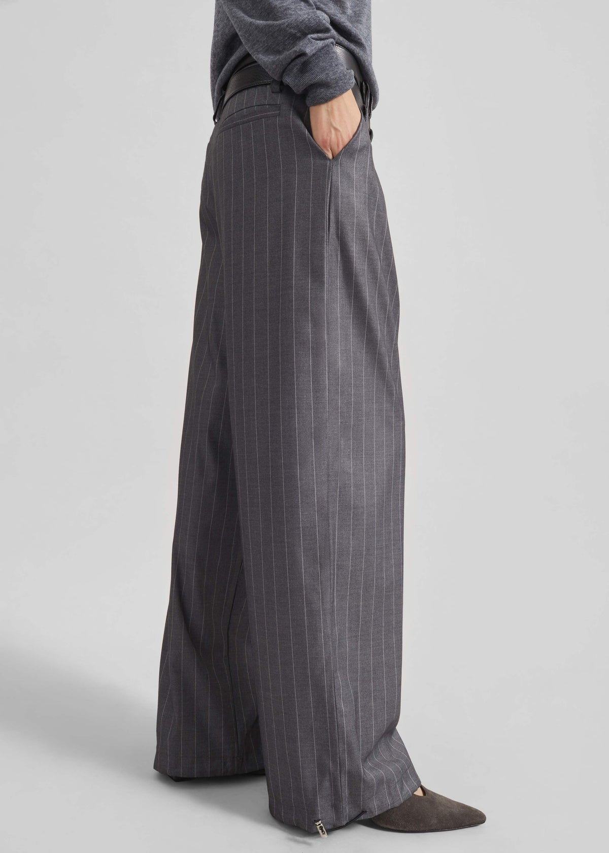 Alencon Double Belt-Loop Trousers - Grey/White Pinstripe - 7