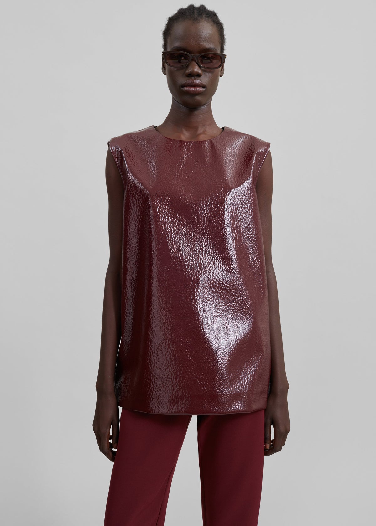 Amaris Crackled Faux Leather Tank Top - Burgundy - 6