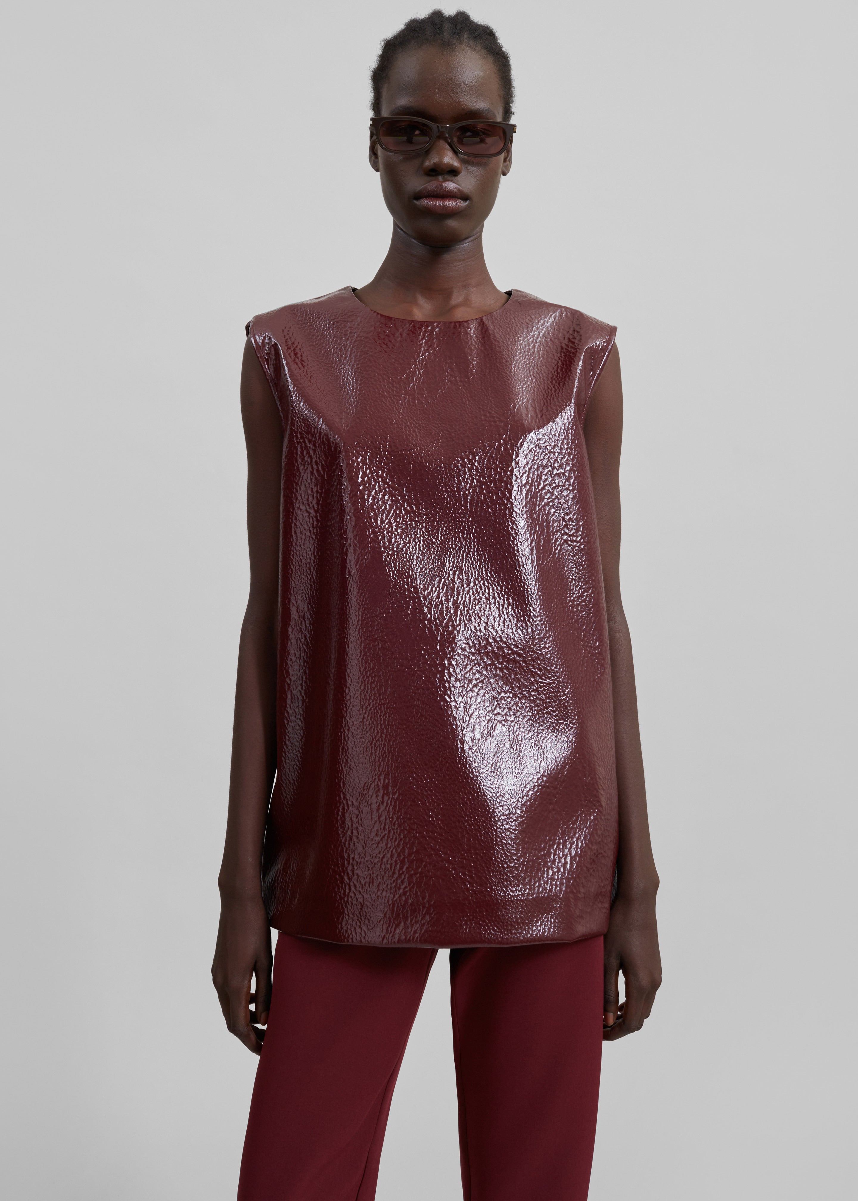 Amaris Crackled Faux Leather Tank Top - Burgundy - 6