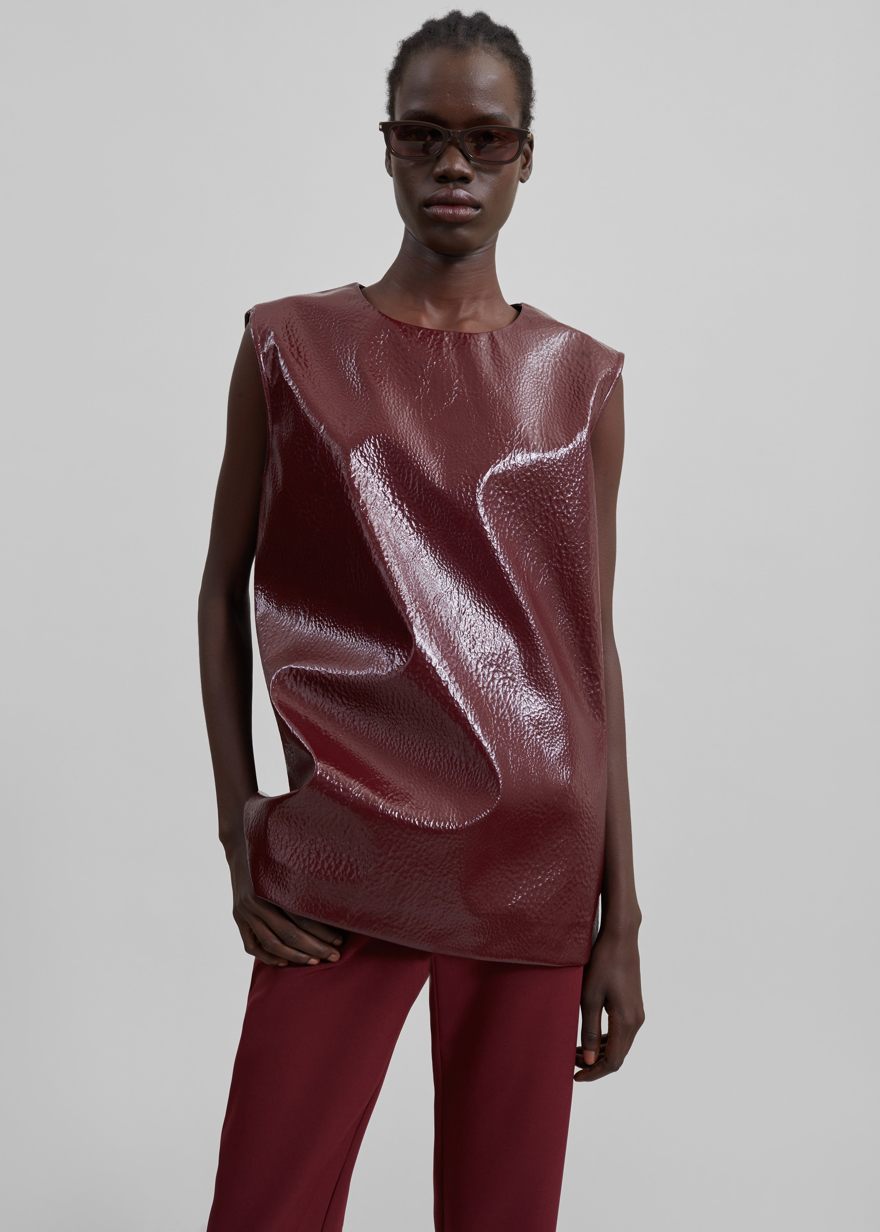 Amaris Crackled Faux Leather Tank Top - Burgundy - 2