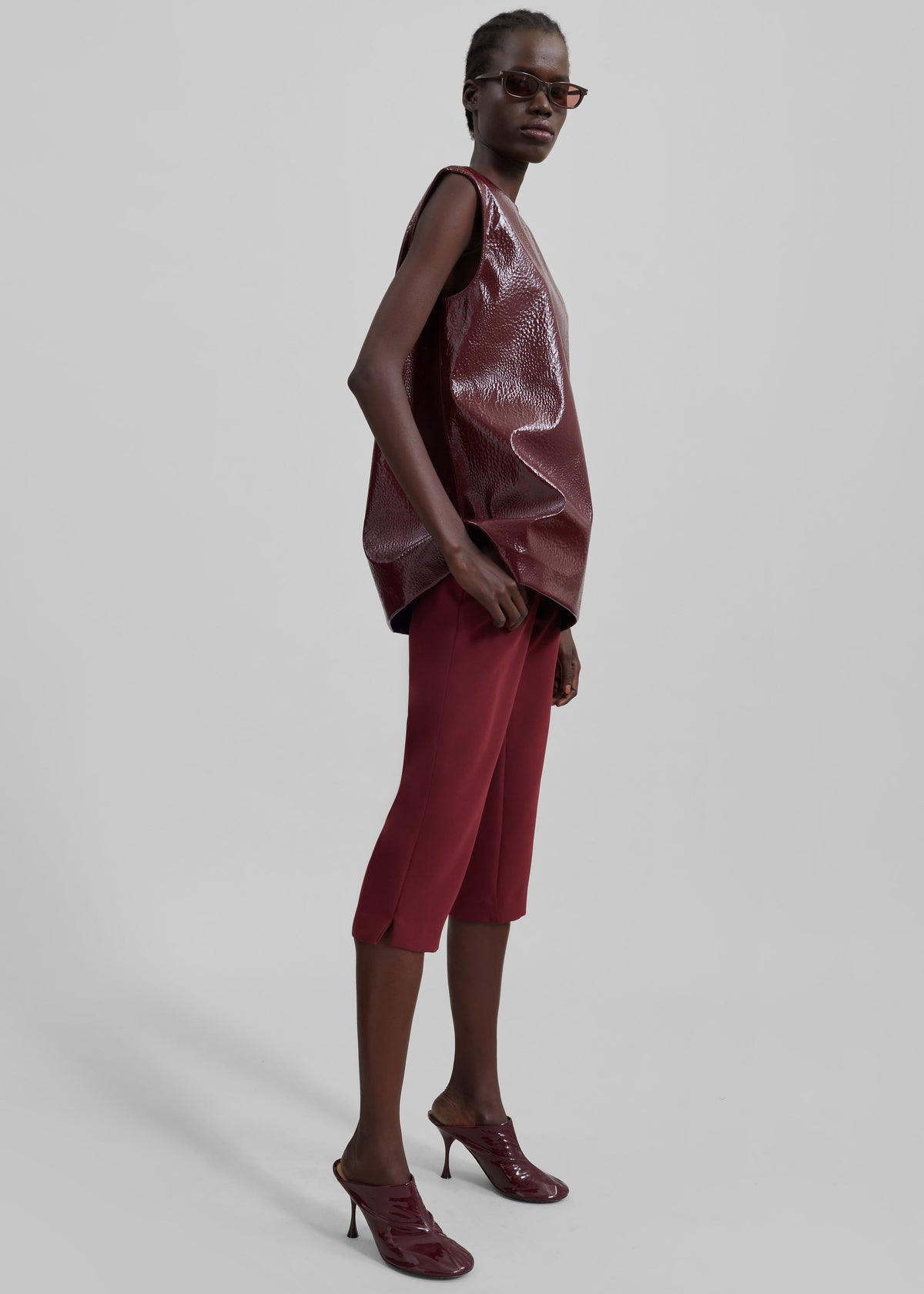Amaris Crackled Faux Leather Tank Top - Burgundy - 5