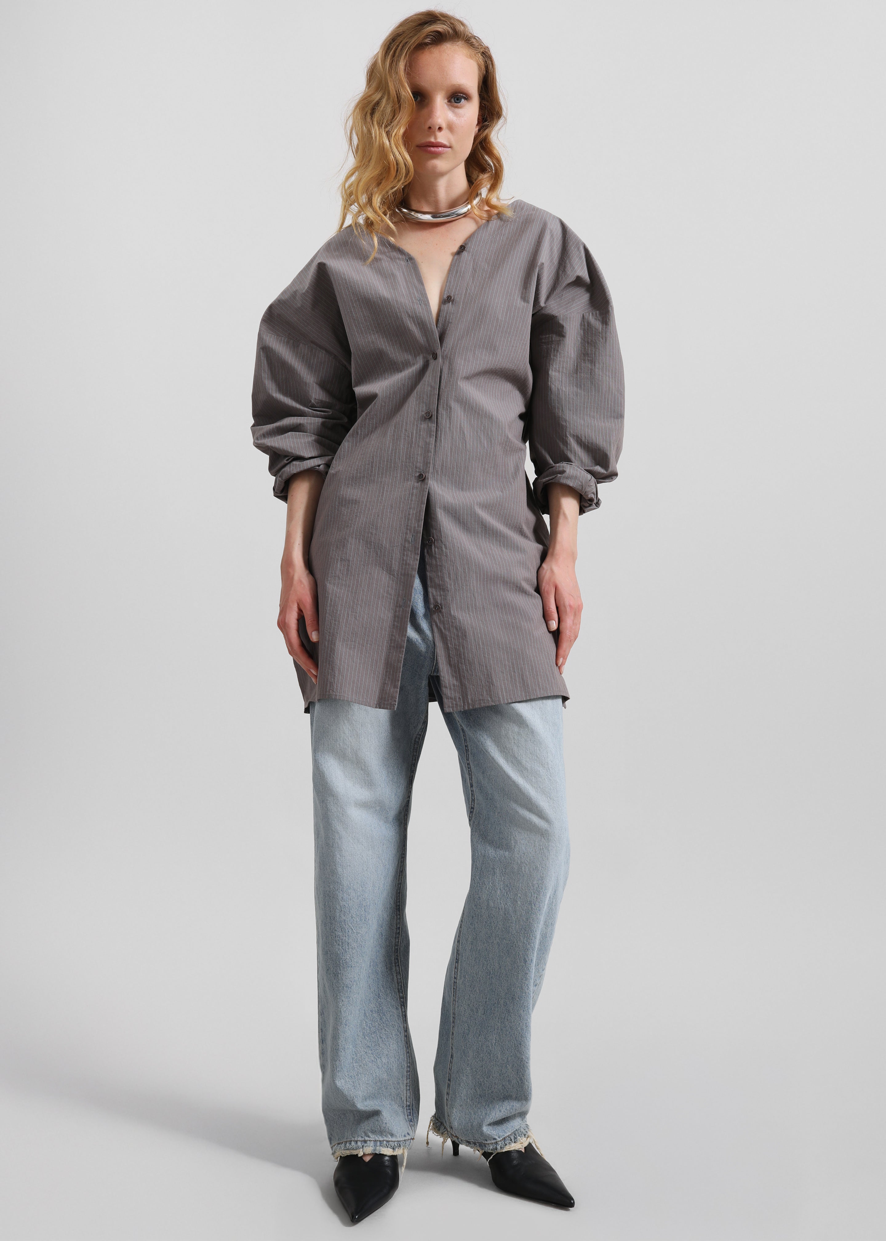 Amomento Striped Shirt Dress - Grey - 3