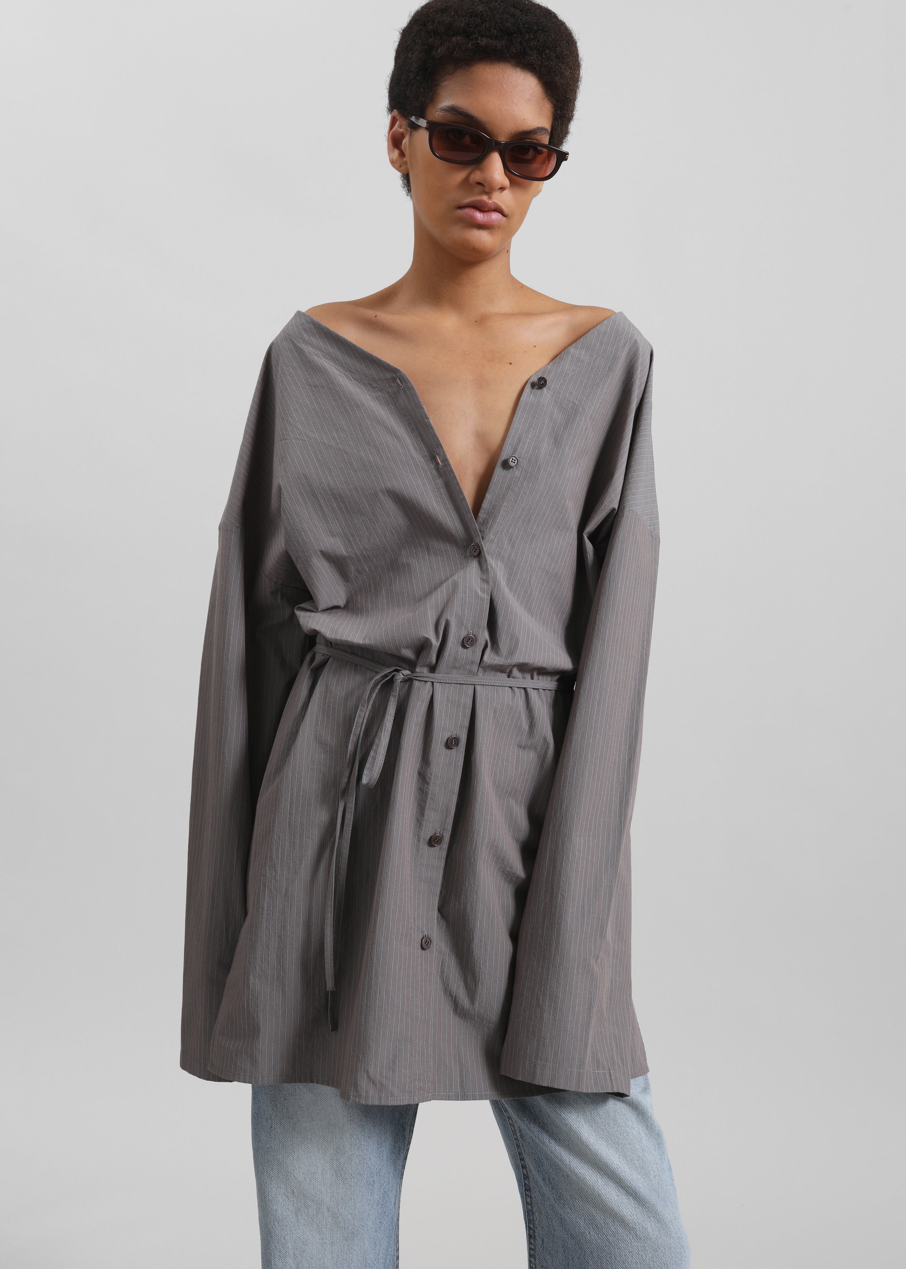 Amomento Striped Shirt Dress - Grey - 4