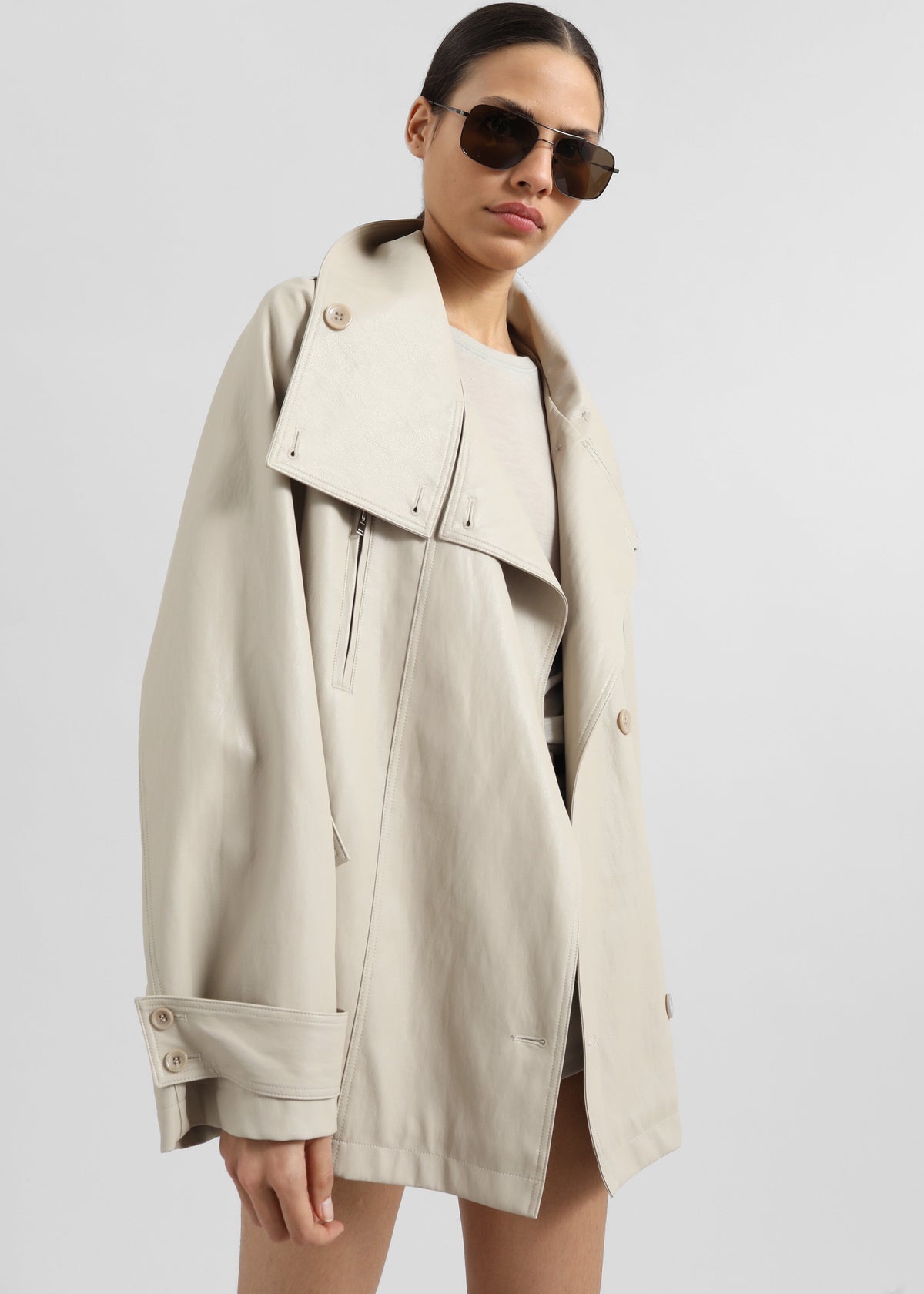 Amunta Faux Leather Trench Jacket - Light Beige - 5