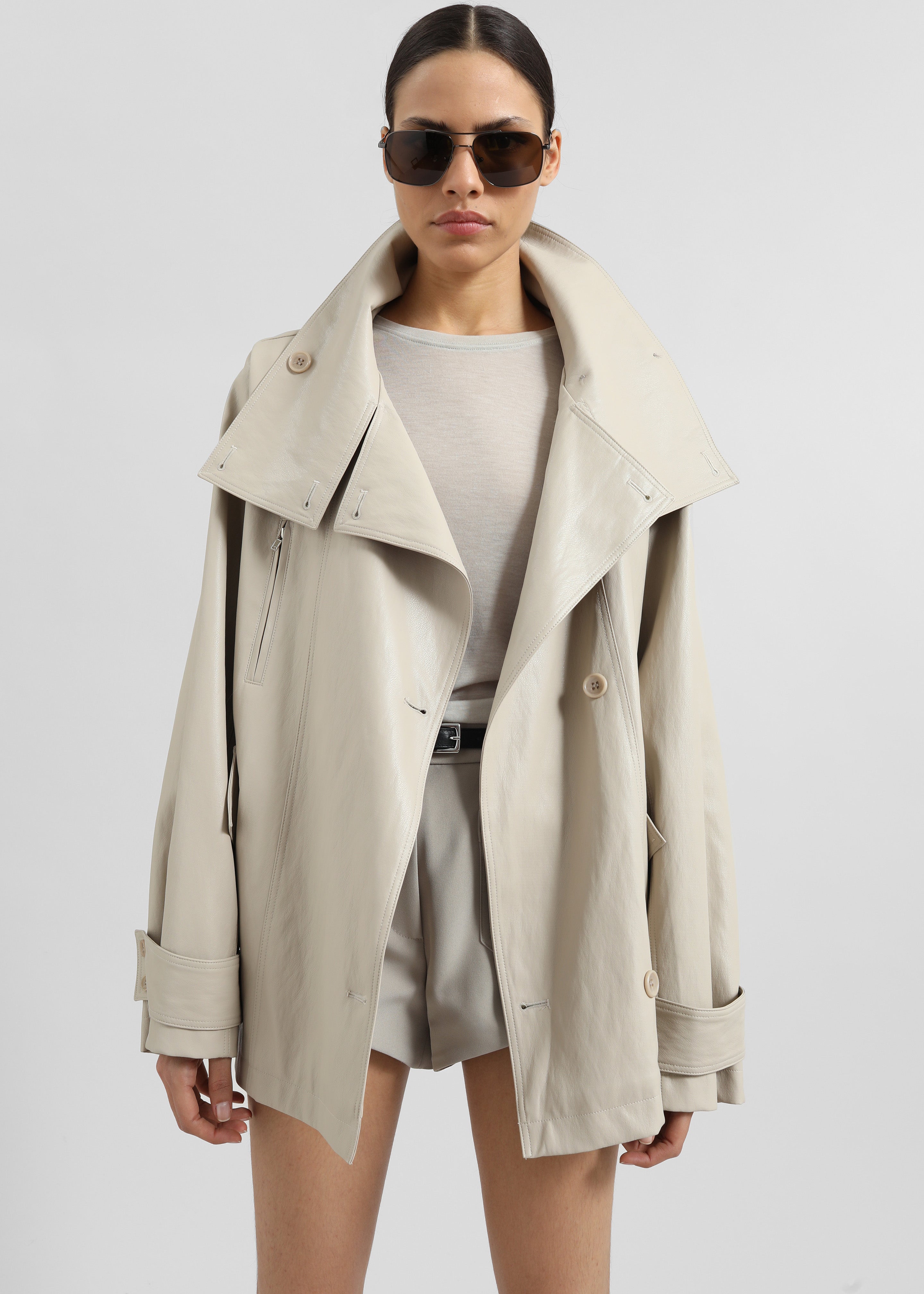 Amunta Faux Leather Trench Jacket - Light Beige - 3