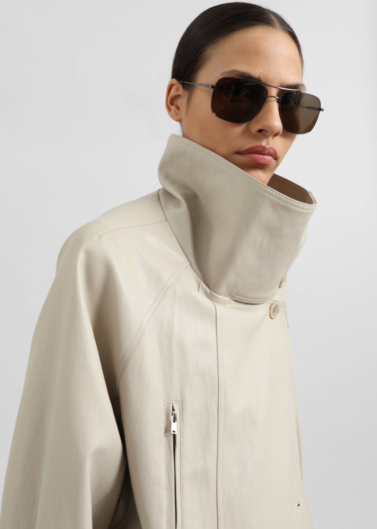 Amunta Faux Leather Trench Jacket - Light Beige - 4