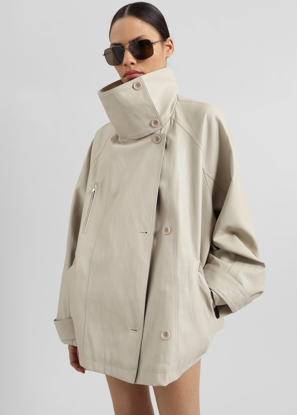 Amunta Faux Leather Trench Jacket - Light Beige - 1