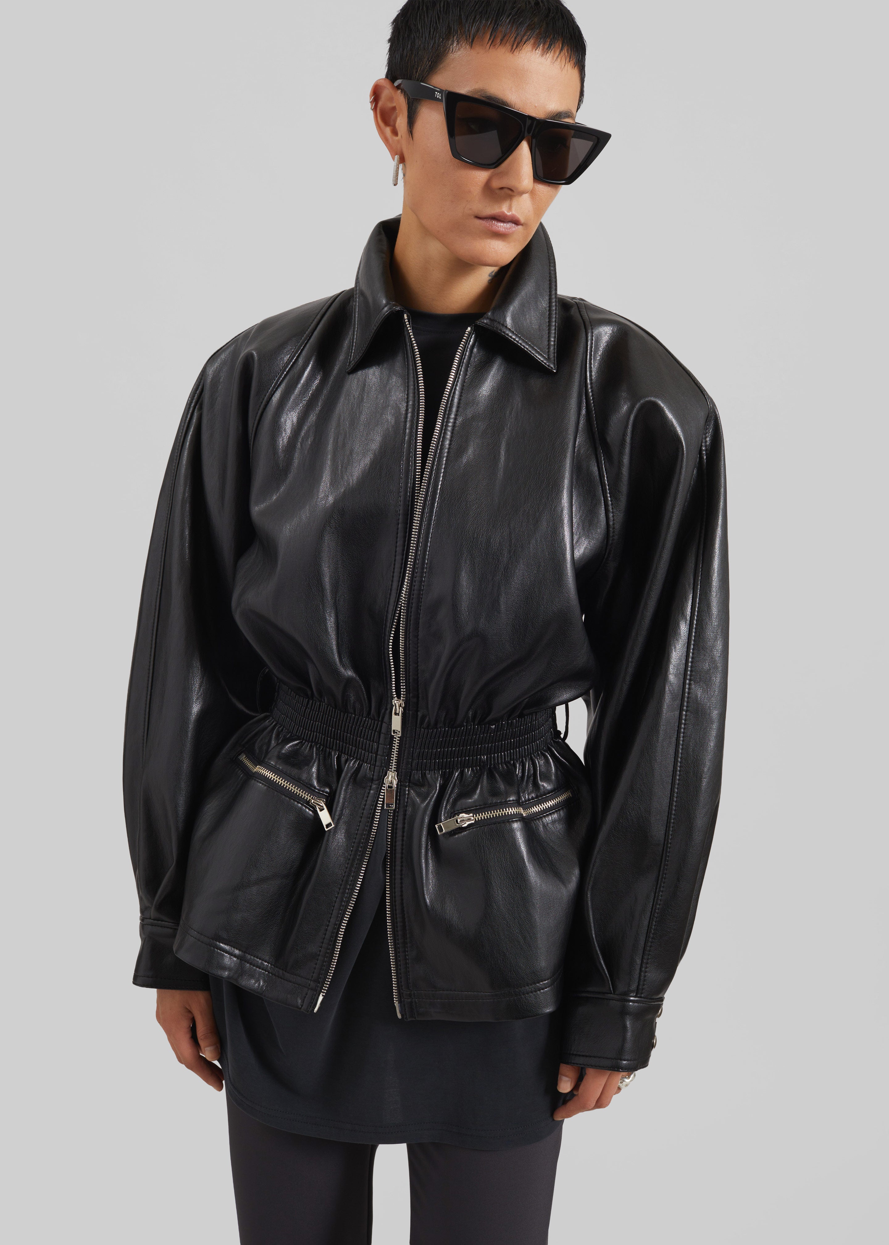 Annette Faux Leather Peplum Jacket - Black - 5
