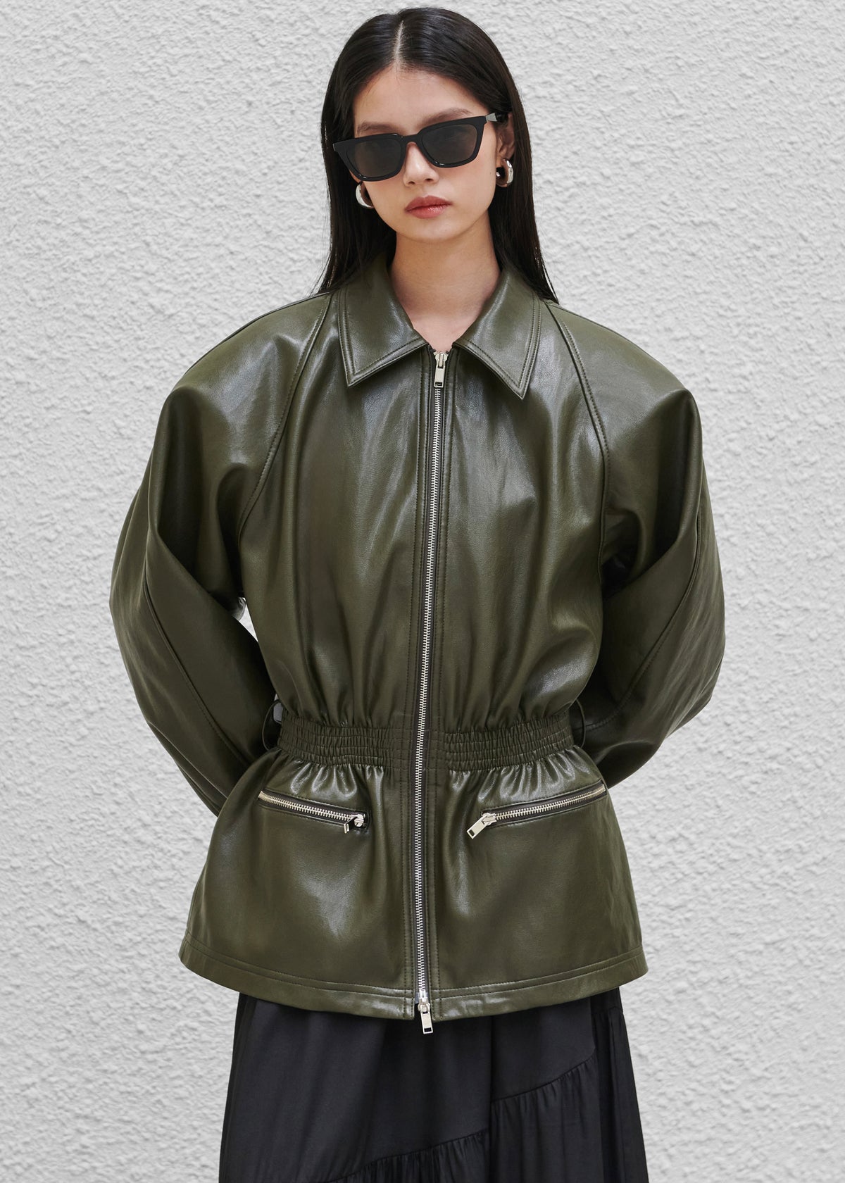 Annette Faux Leather Peplum Jacket - Olive - 3