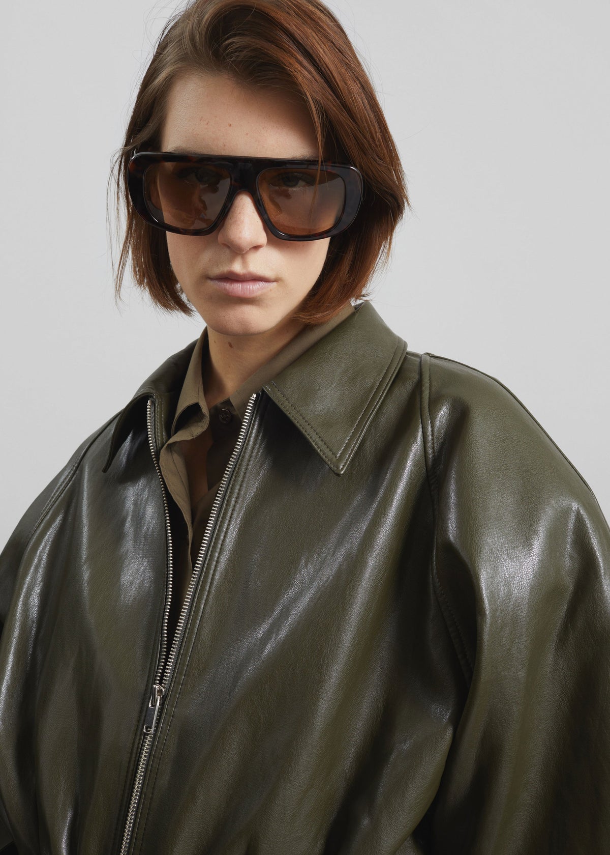 Annette Faux Leather Peplum Jacket - Olive - 4