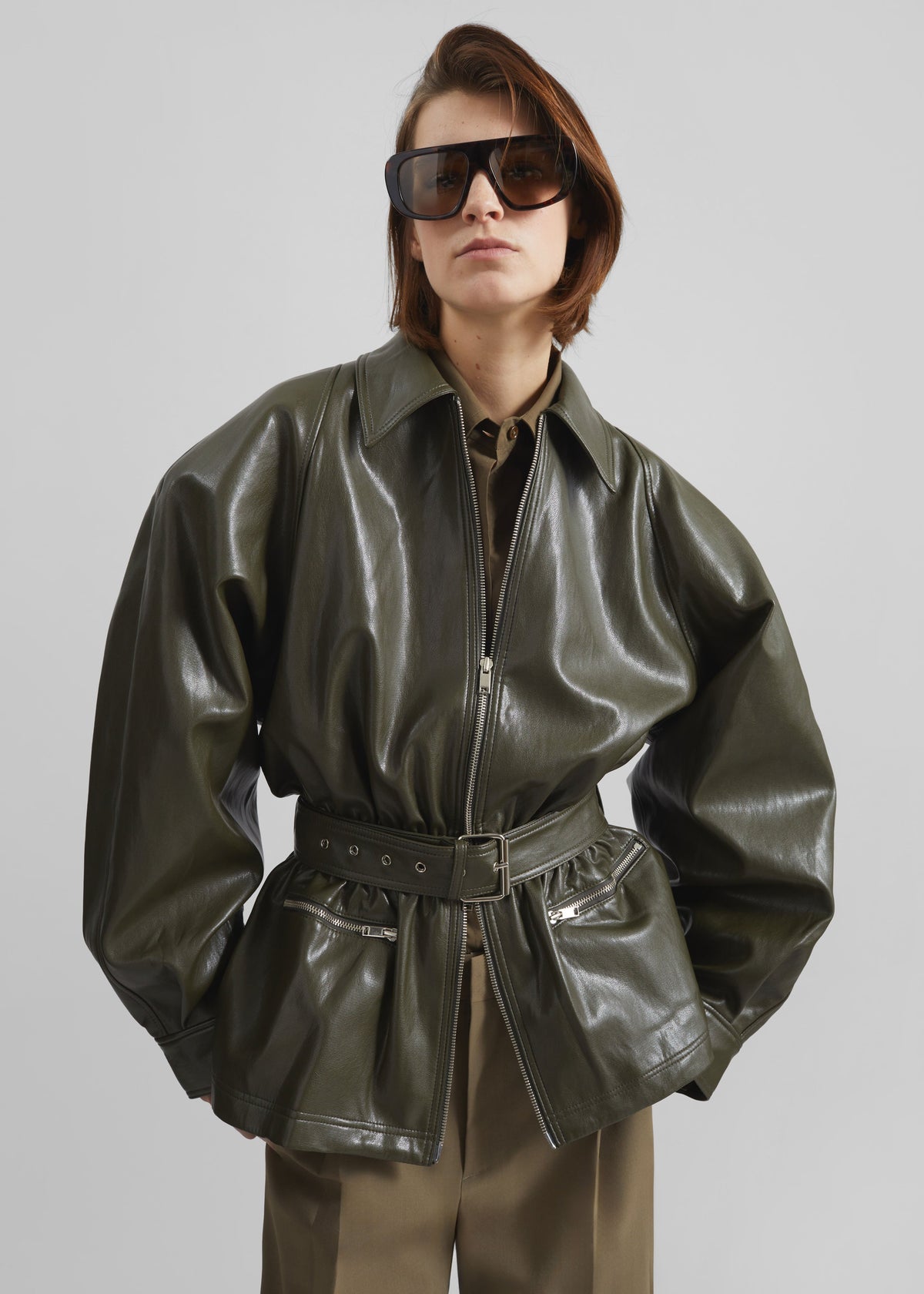 Annette Faux Leather Peplum Jacket - Olive - 6