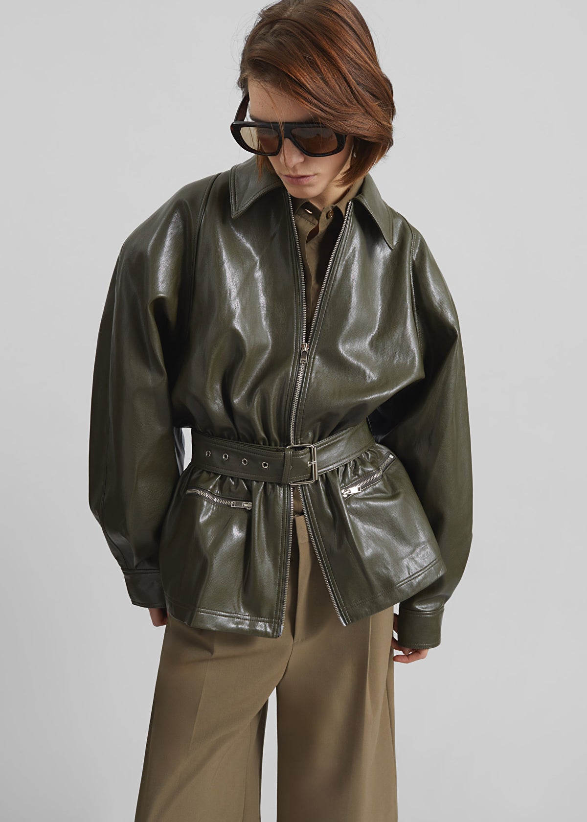 Annette Faux Leather Peplum Jacket - Olive - 2