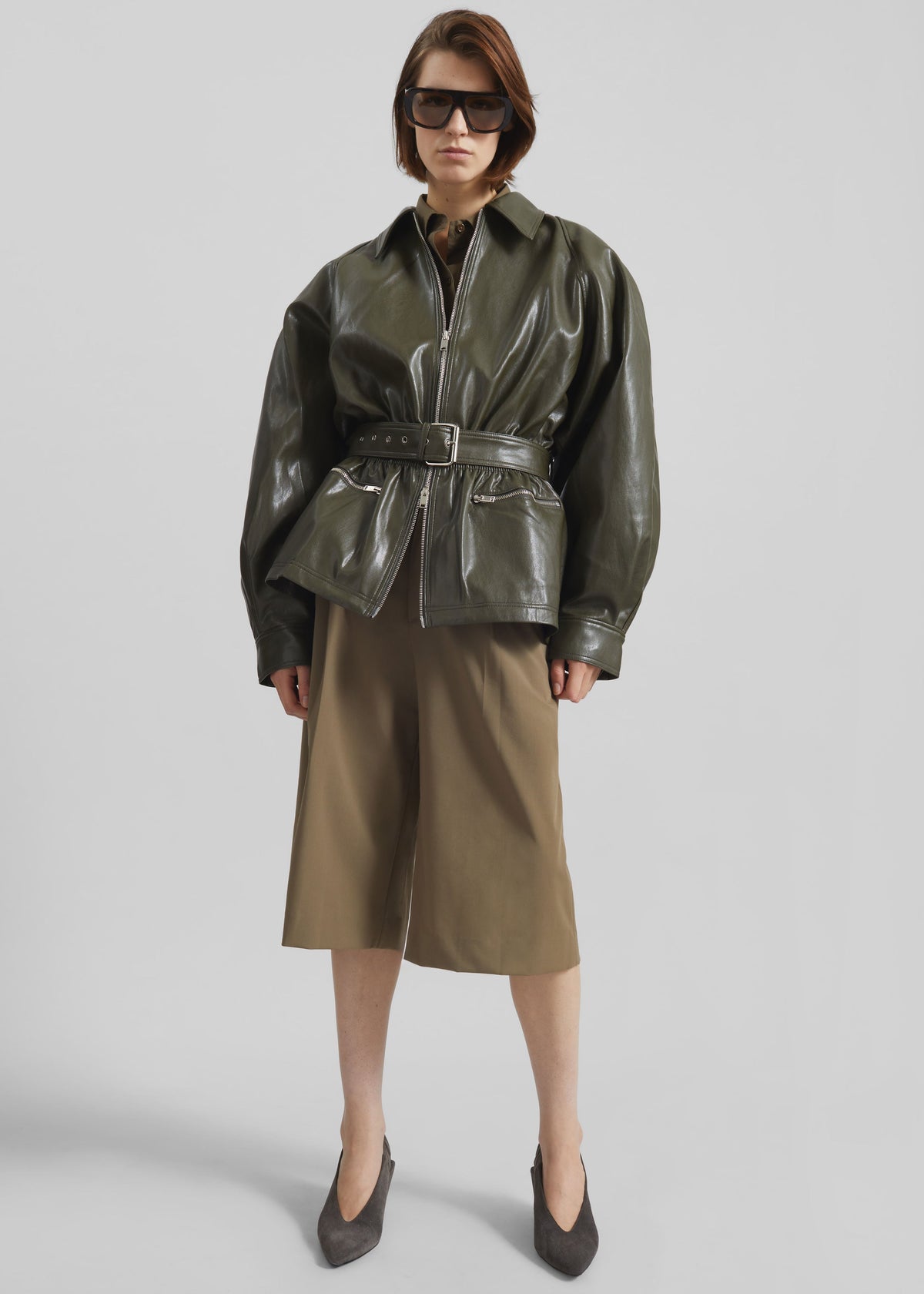 Annette Faux Leather Peplum Jacket - Olive - 1