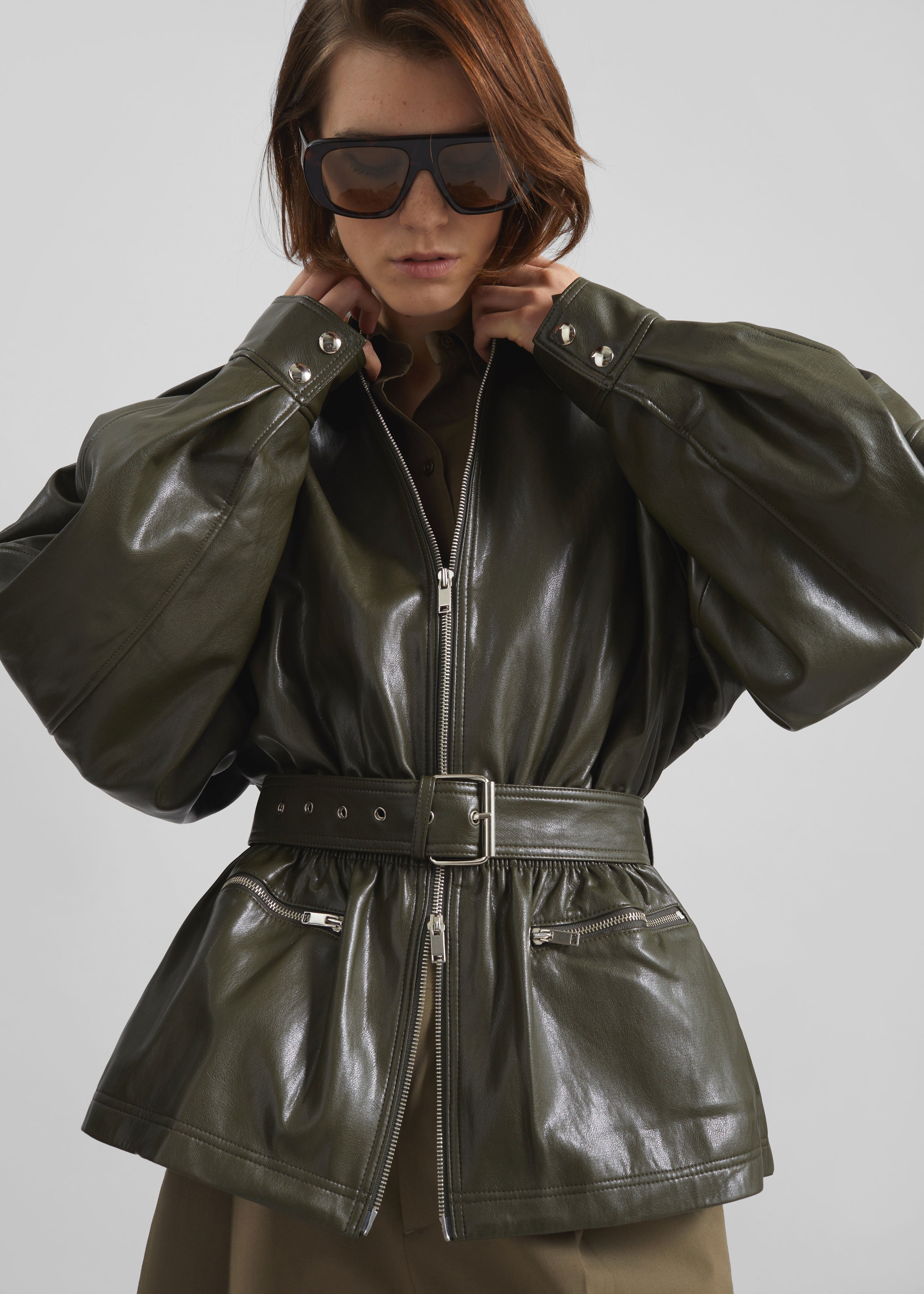 Annette Faux Leather Peplum Jacket - Olive - 5