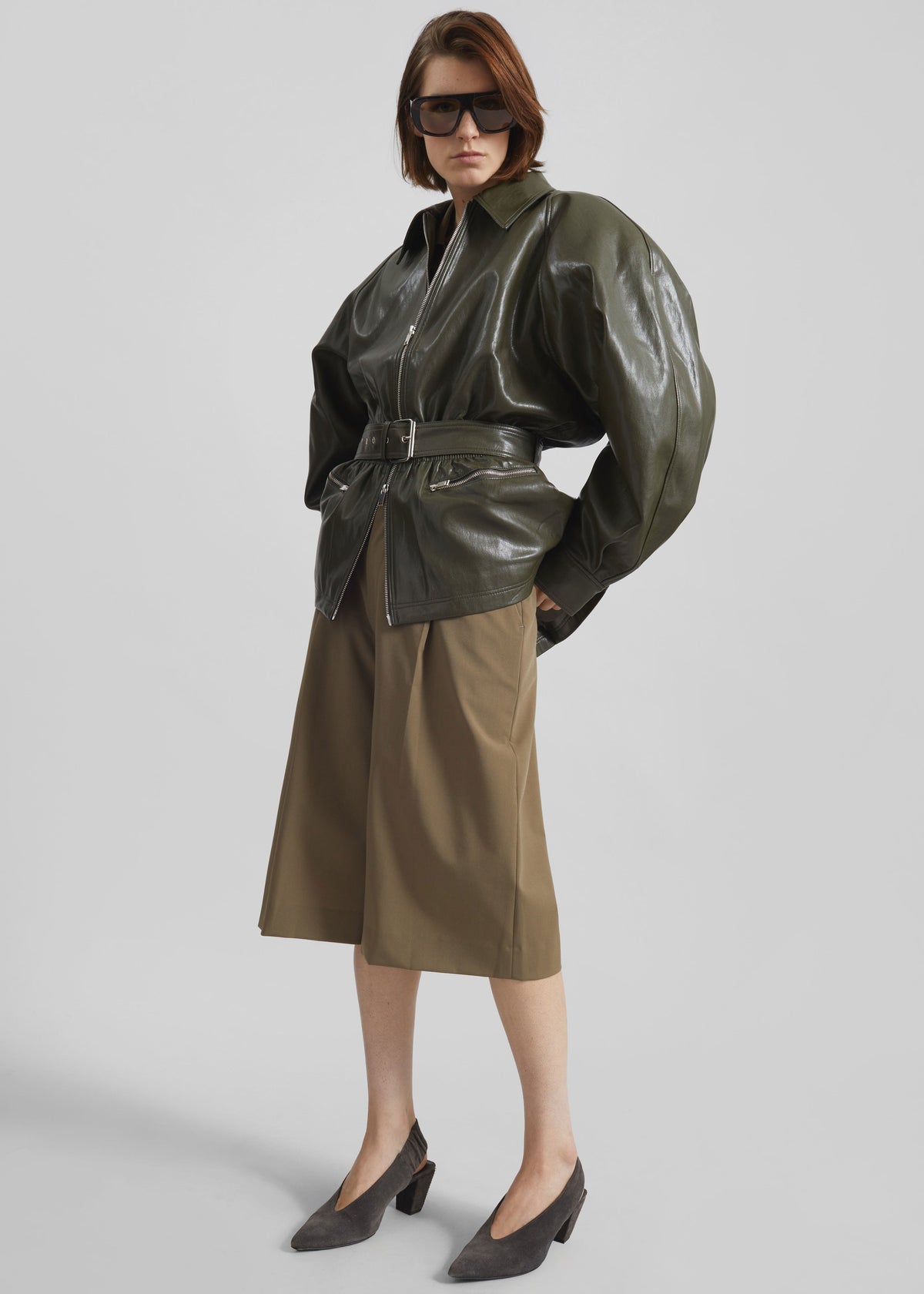 Annette Faux Leather Peplum Jacket - Olive - 7