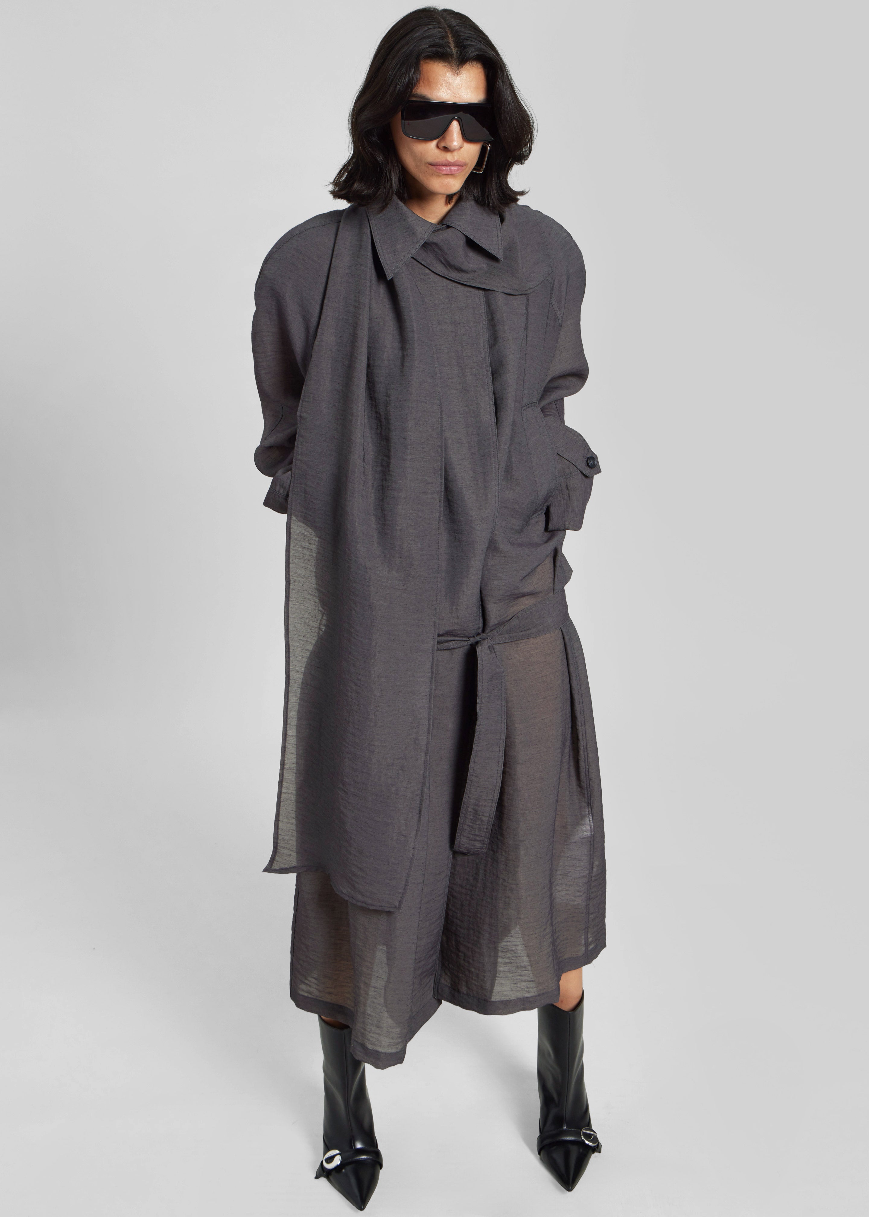 Ansel Sheer Scarf Collar Trench - Charcoal - 8