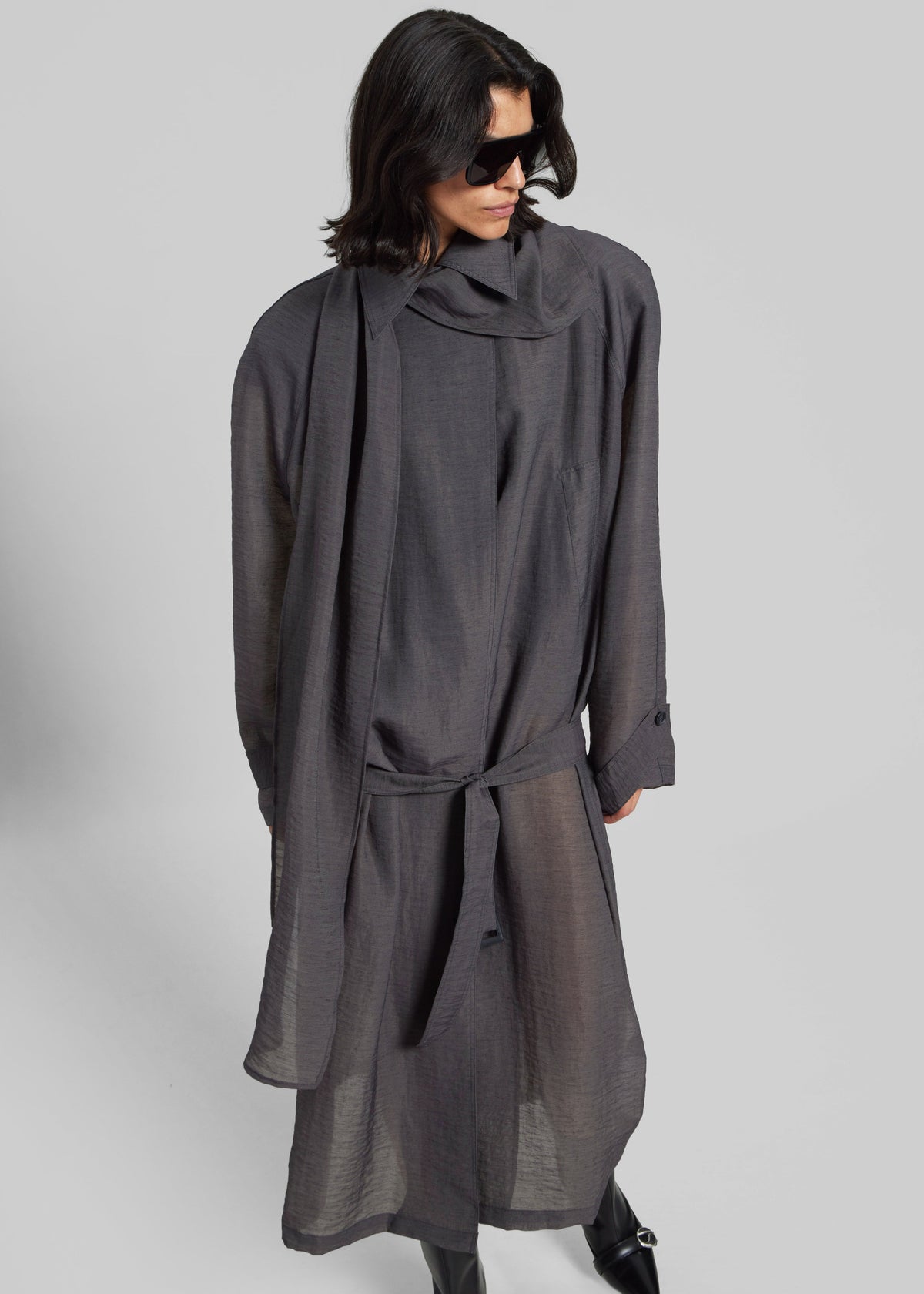 Ansel Sheer Scarf Collar Trench - Charcoal - 9