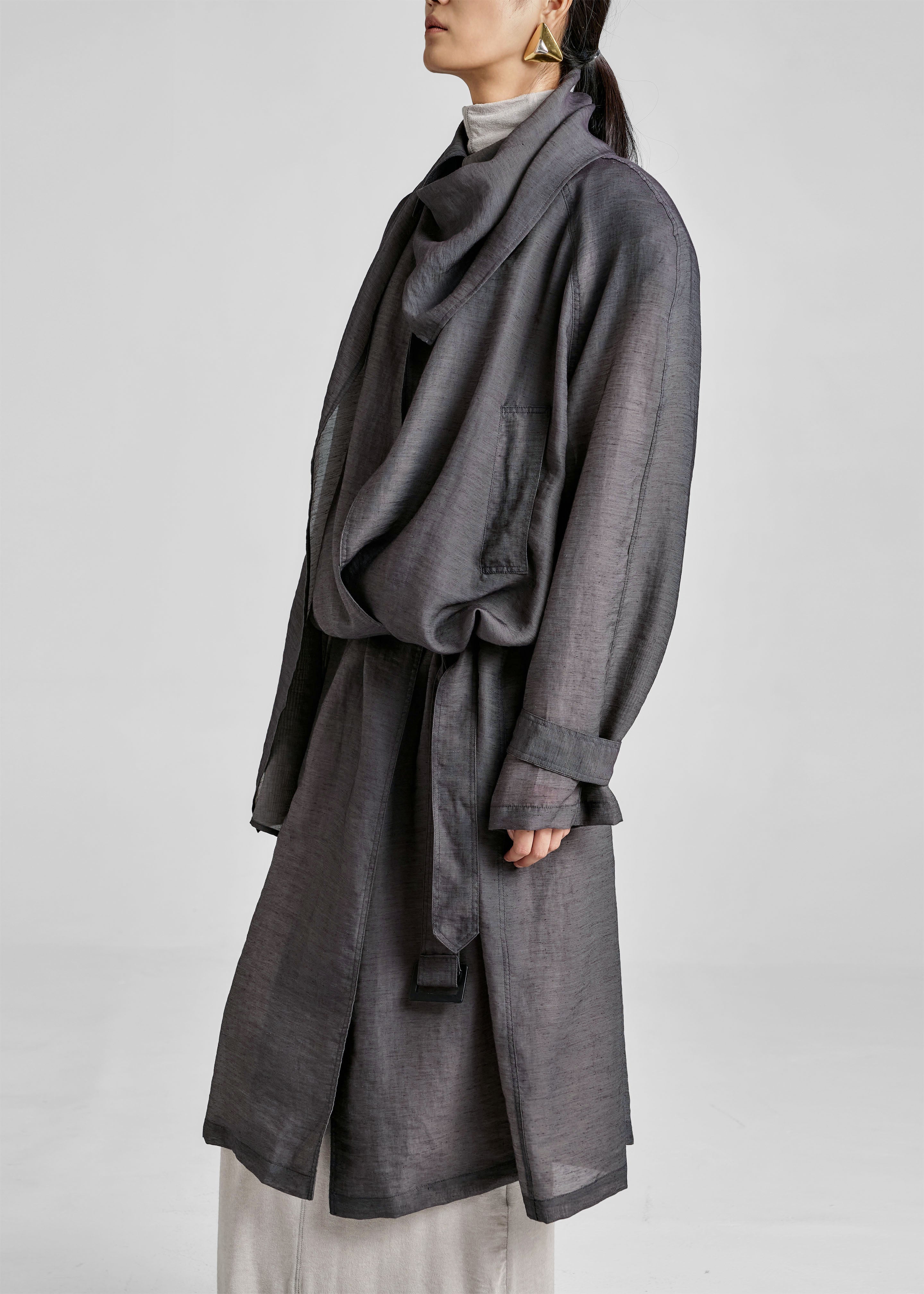 Ansel Sheer Scarf Collar Trench - Charcoal - 2