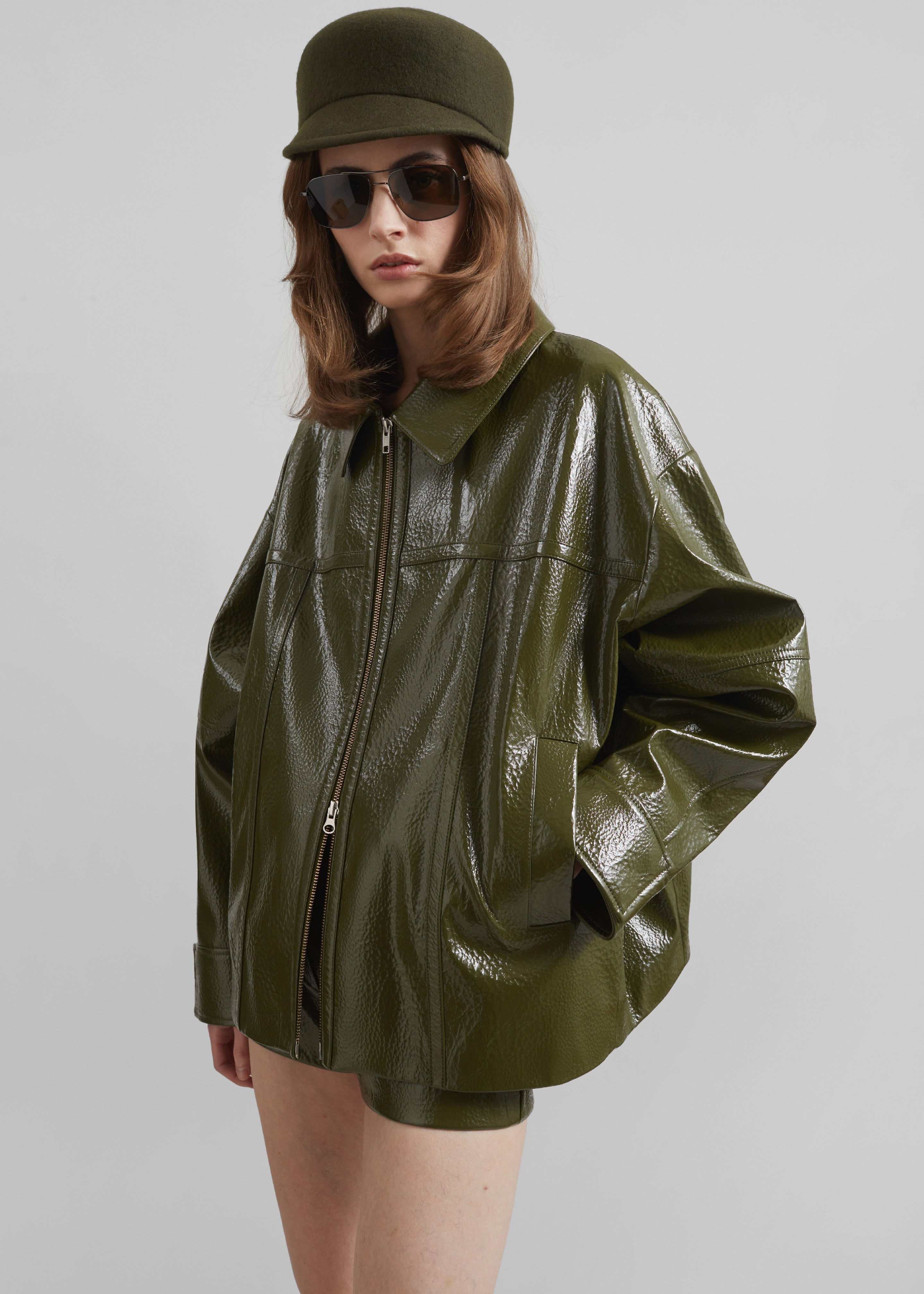 Arbor Crackled Faux Leather Jacket - Olive - 4