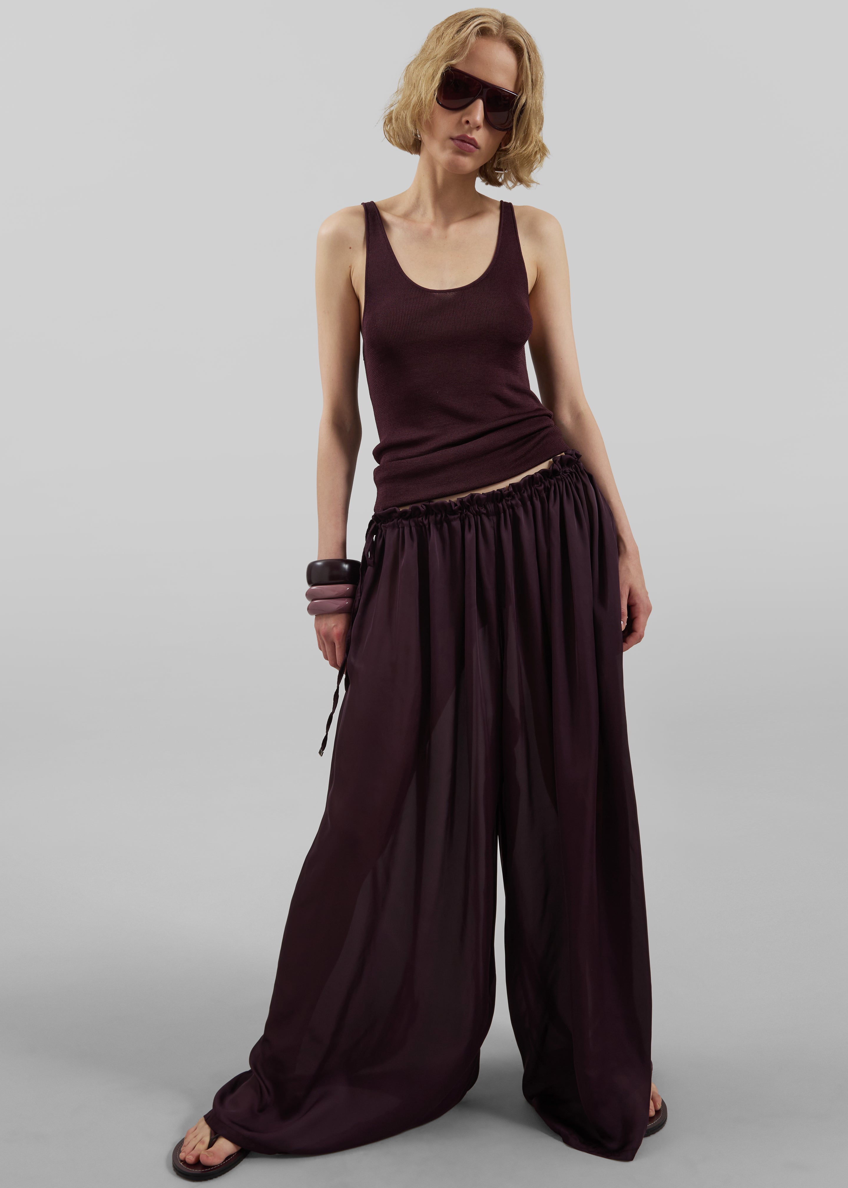 Arleth Satin Sheer Drawstring Pants - Plum - 1