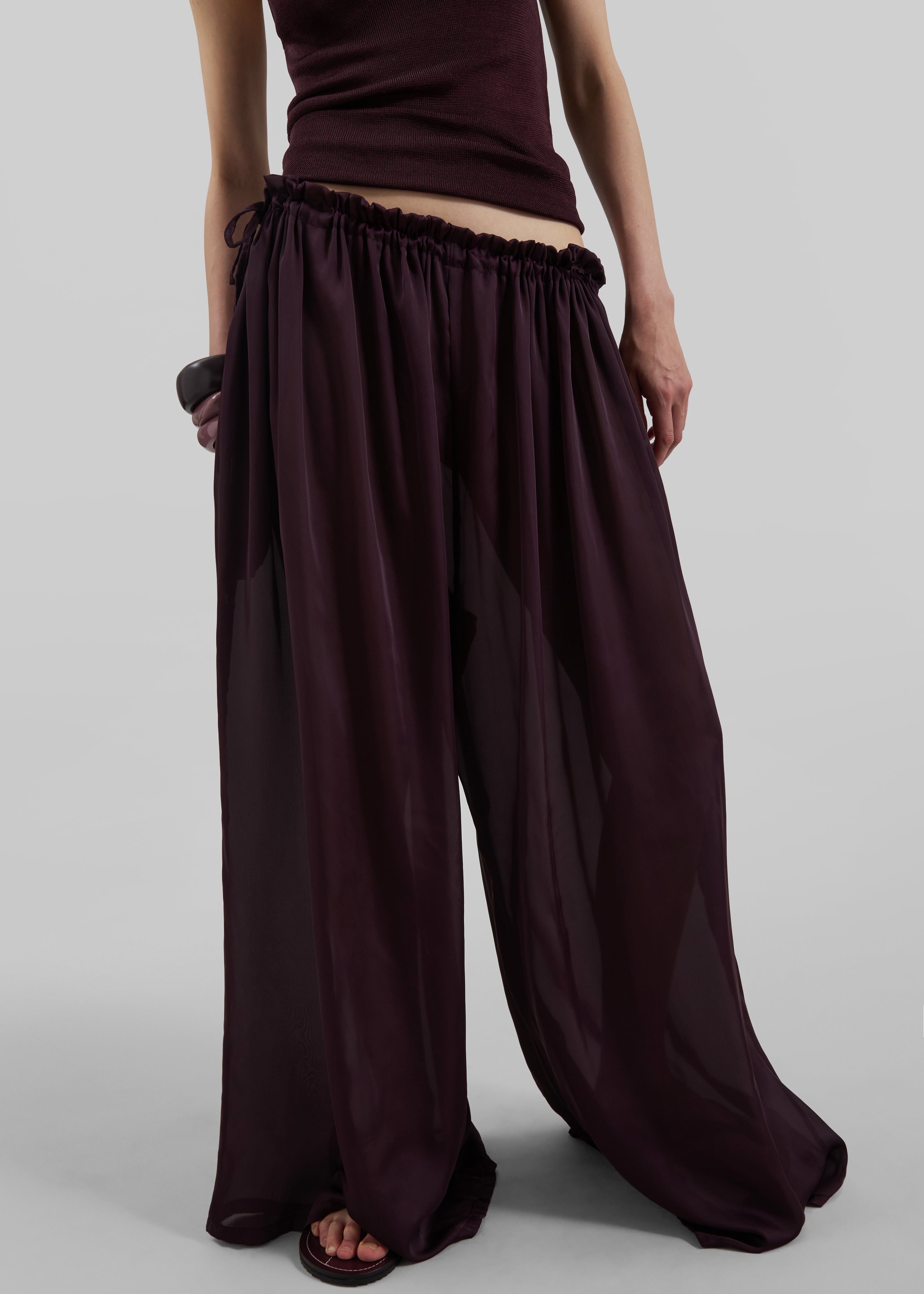 Arleth Satin Sheer Drawstring Pants - Plum - 5