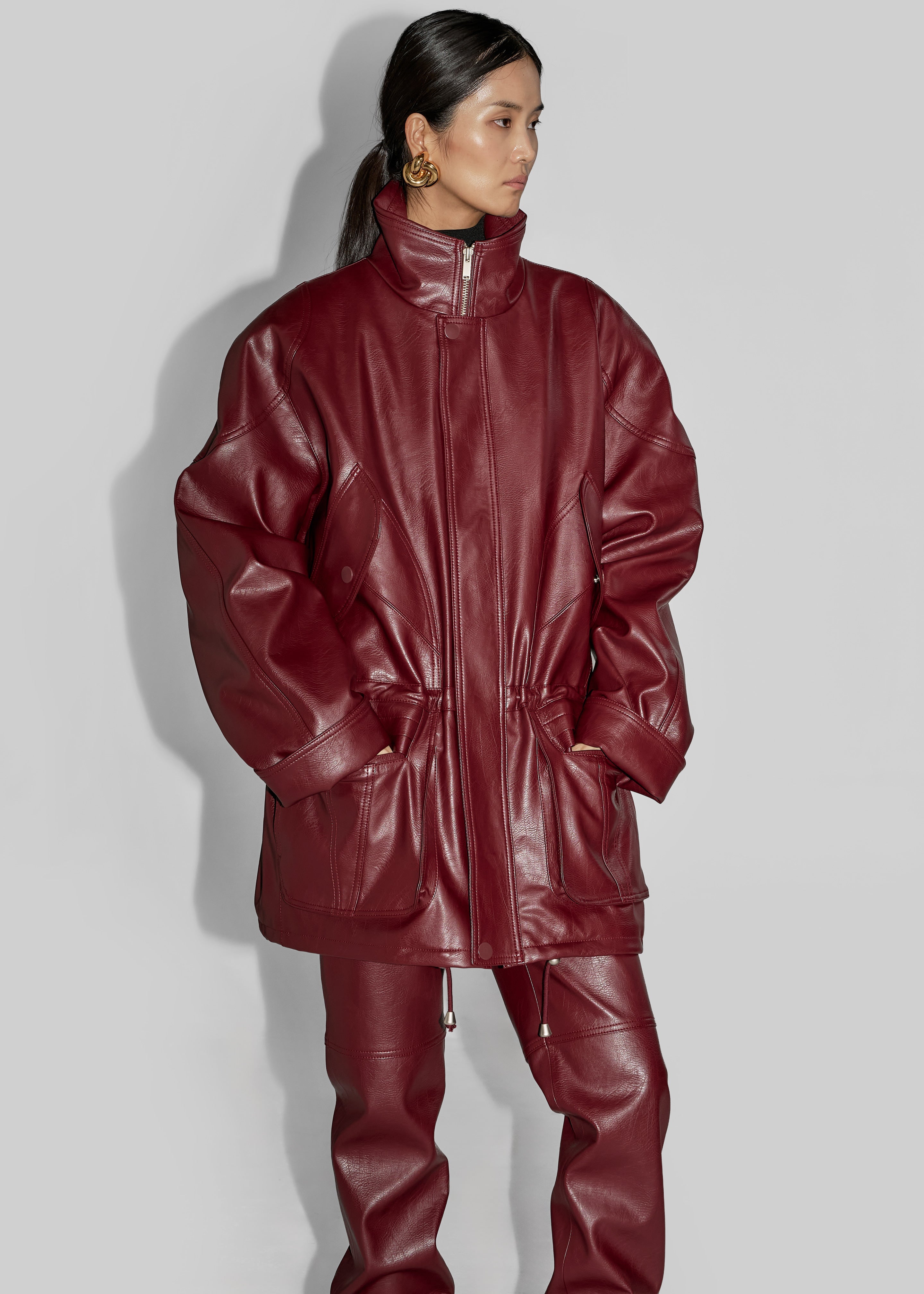 Ascona Faux Leather Jacket - Burgundy - 5