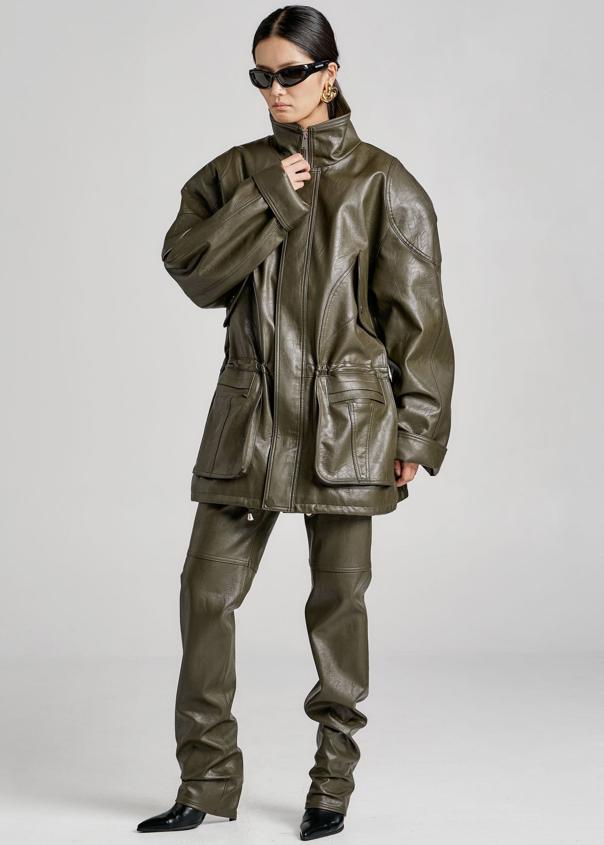 Ascona Faux Leather Pants - Dark Olive - 2