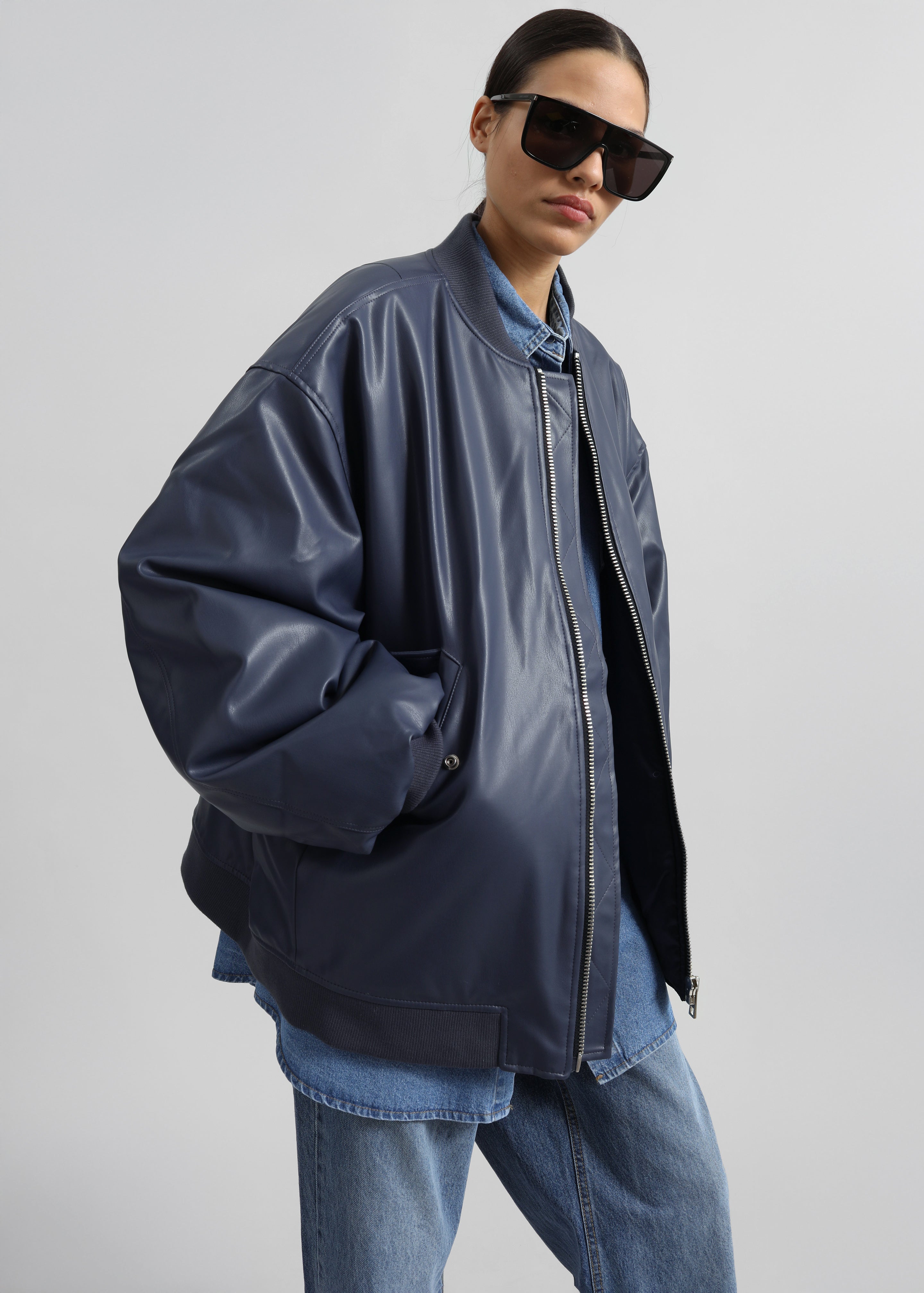 Astra Faux Leather Bomber Jacket - Navy - 2