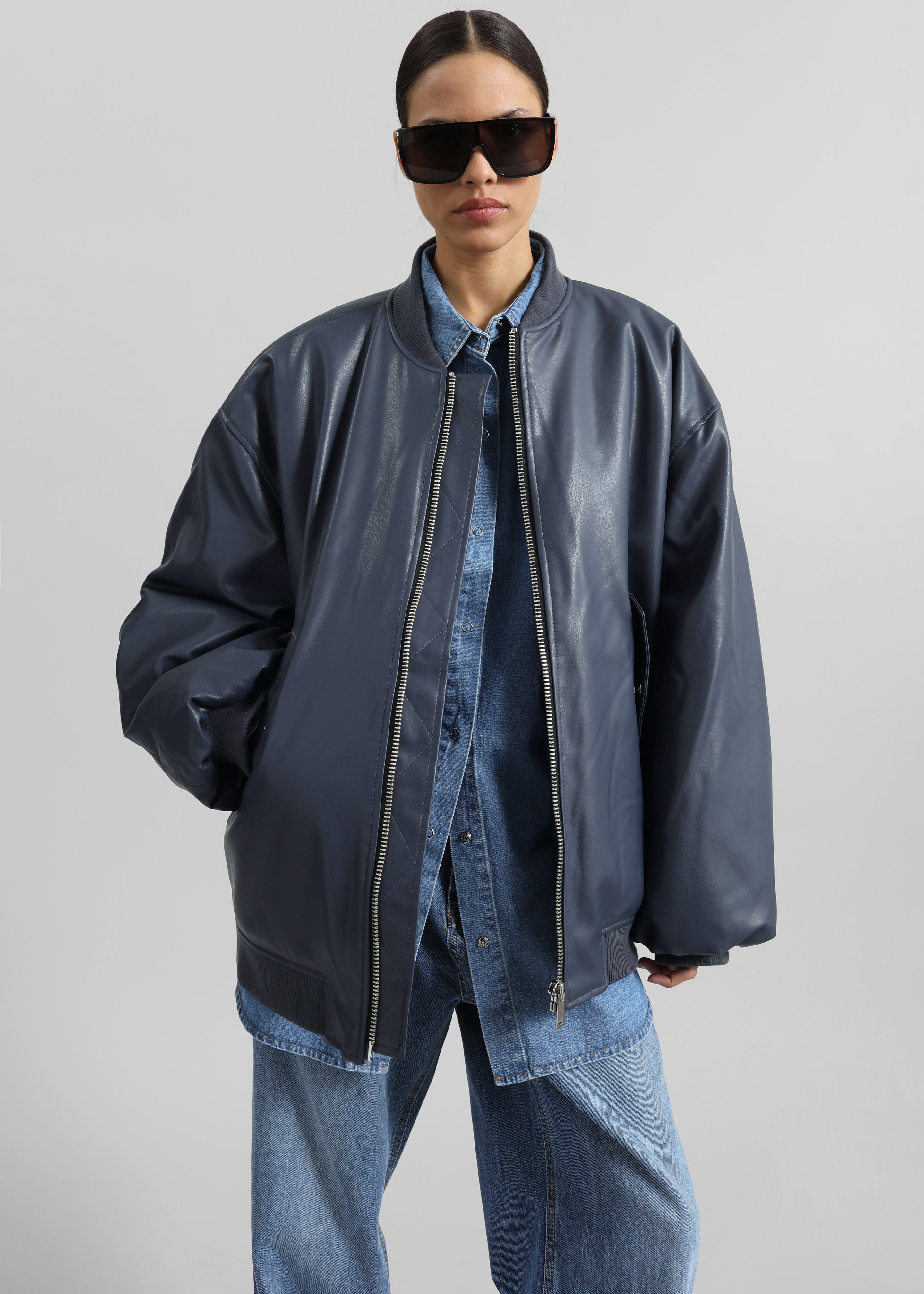 Astra Faux Leather Bomber Jacket - Navy - 7