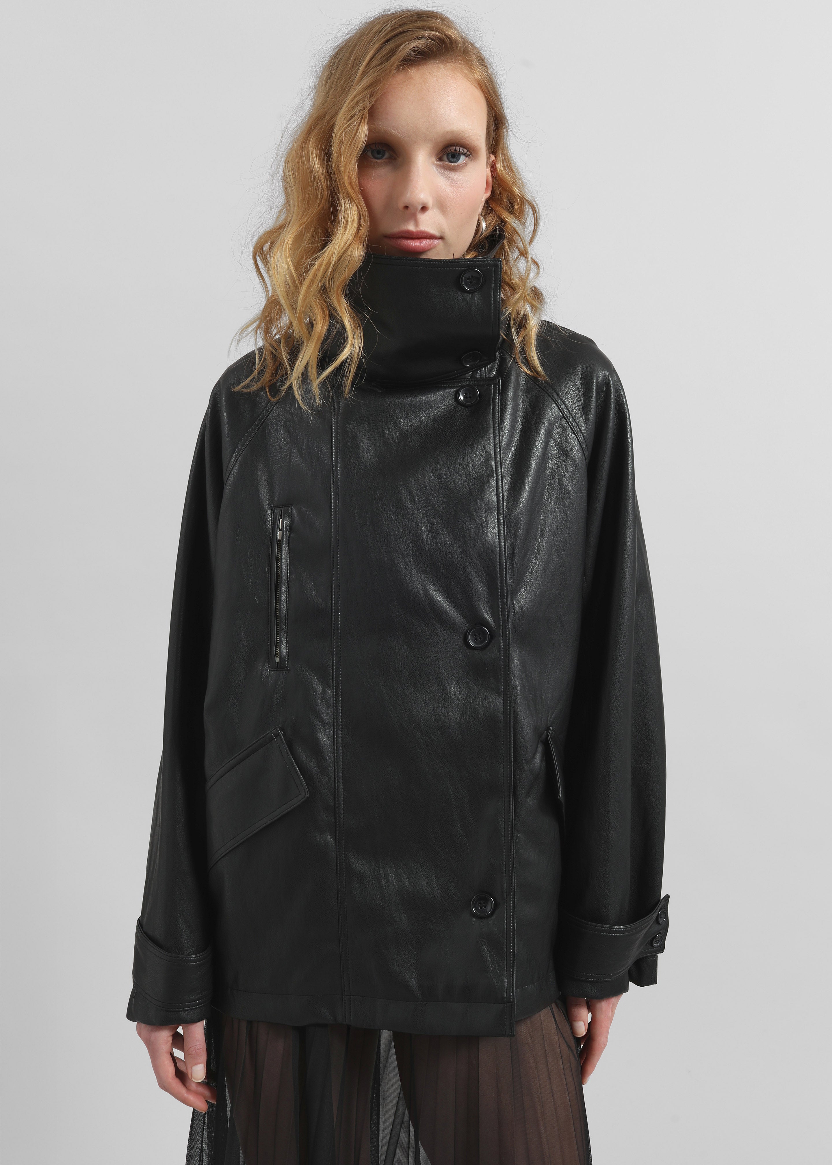 Amunta Faux Leather Trench Jacket - Black - 4