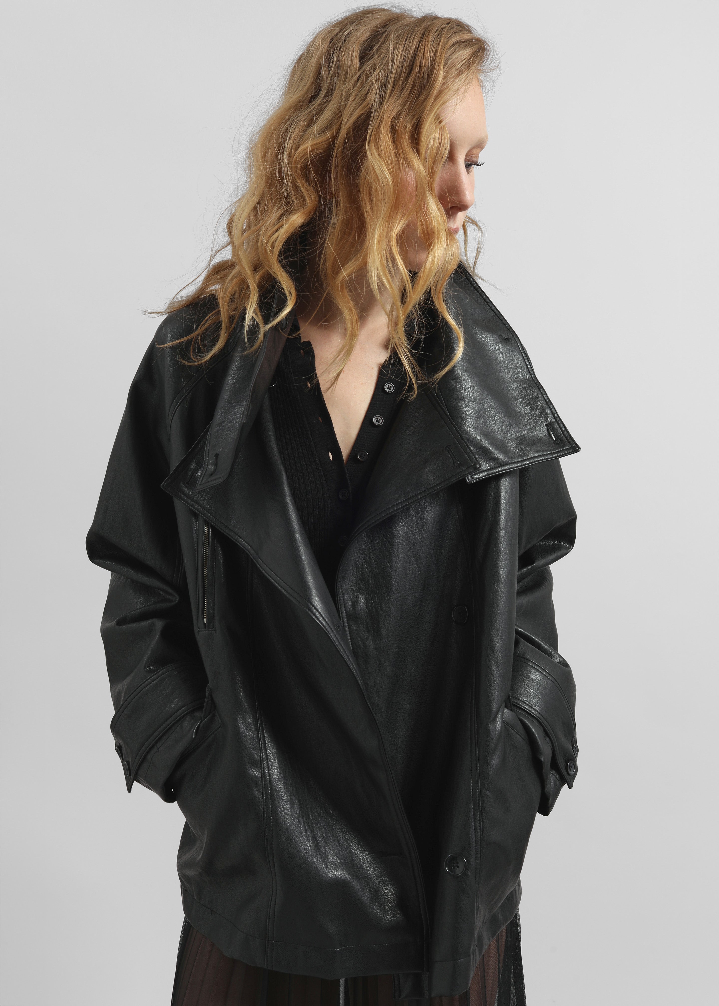 Amunta Faux Leather Trench Jacket - Black - 5