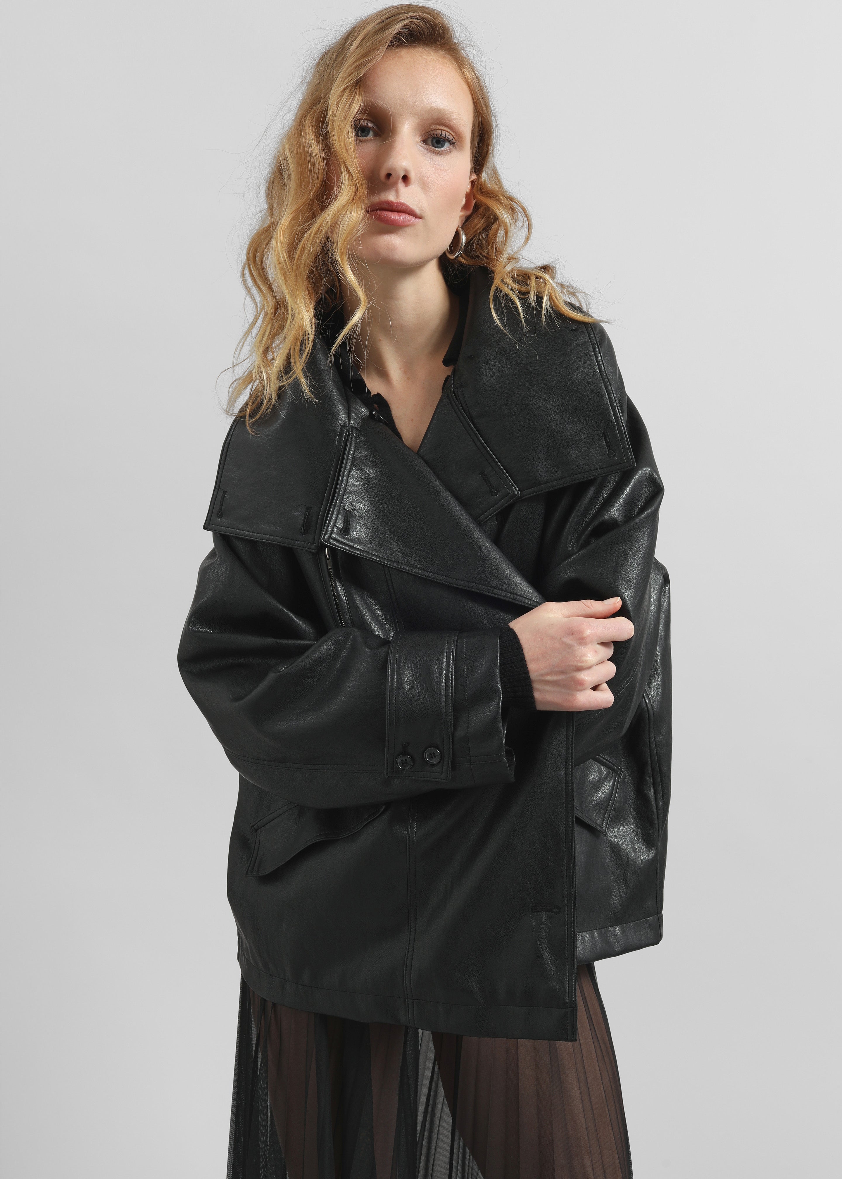 Amunta Faux Leather Trench Jacket - Black - 7