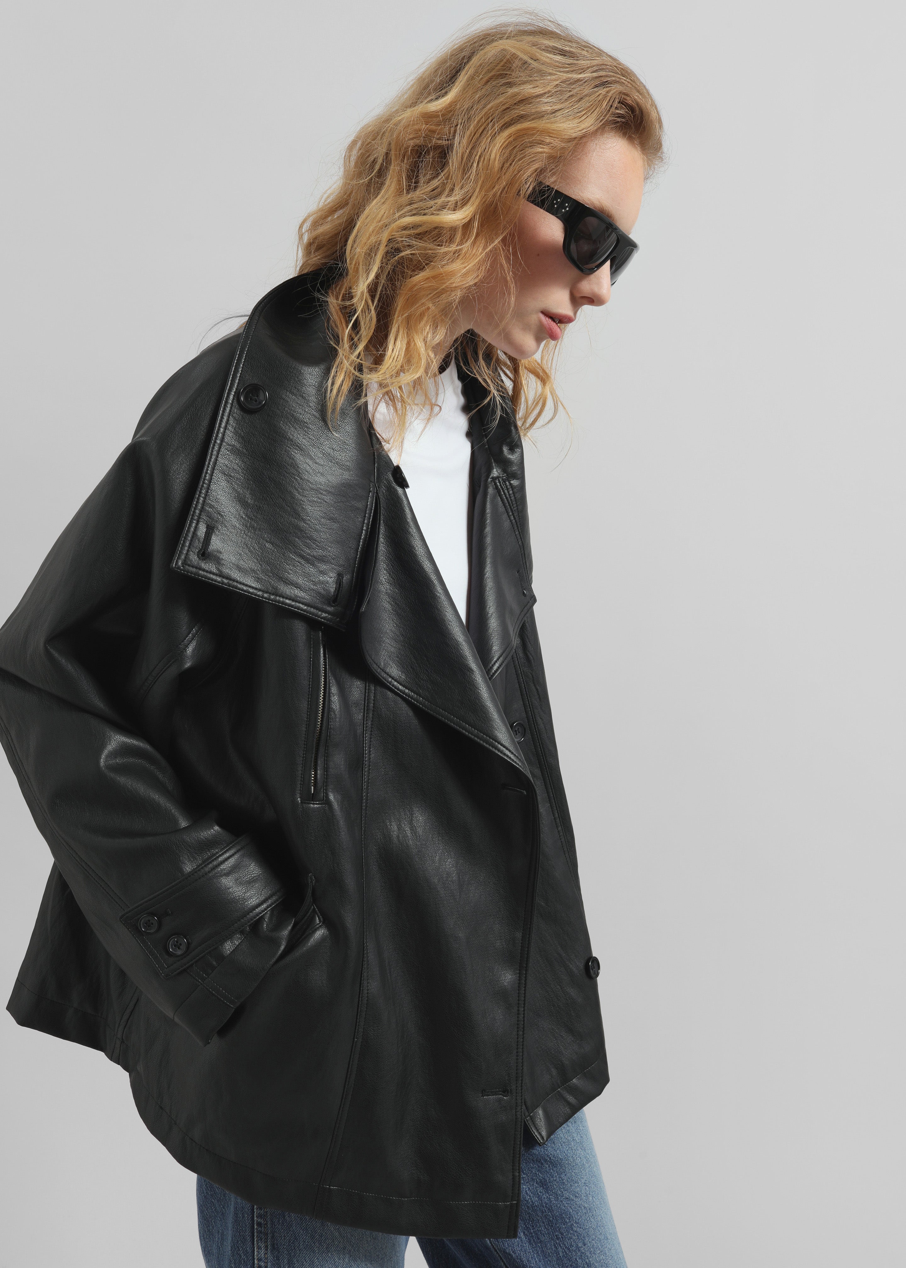 Amunta Faux Leather Trench Jacket - Black - 1