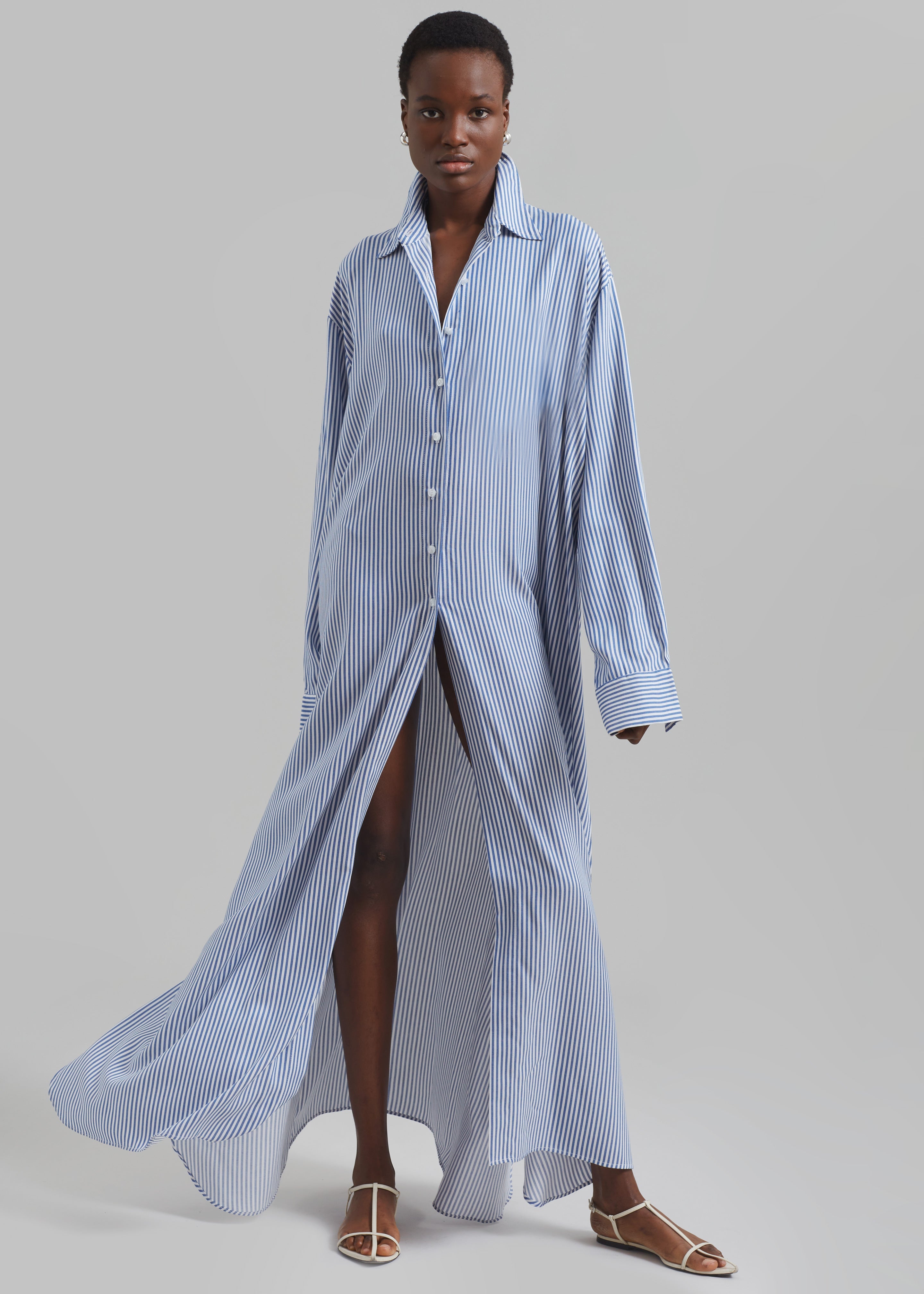 Avery Fluid Shirt Dress - White/Blue Stripe Avery Fluid Shirt Dress - White/Blue Stripe