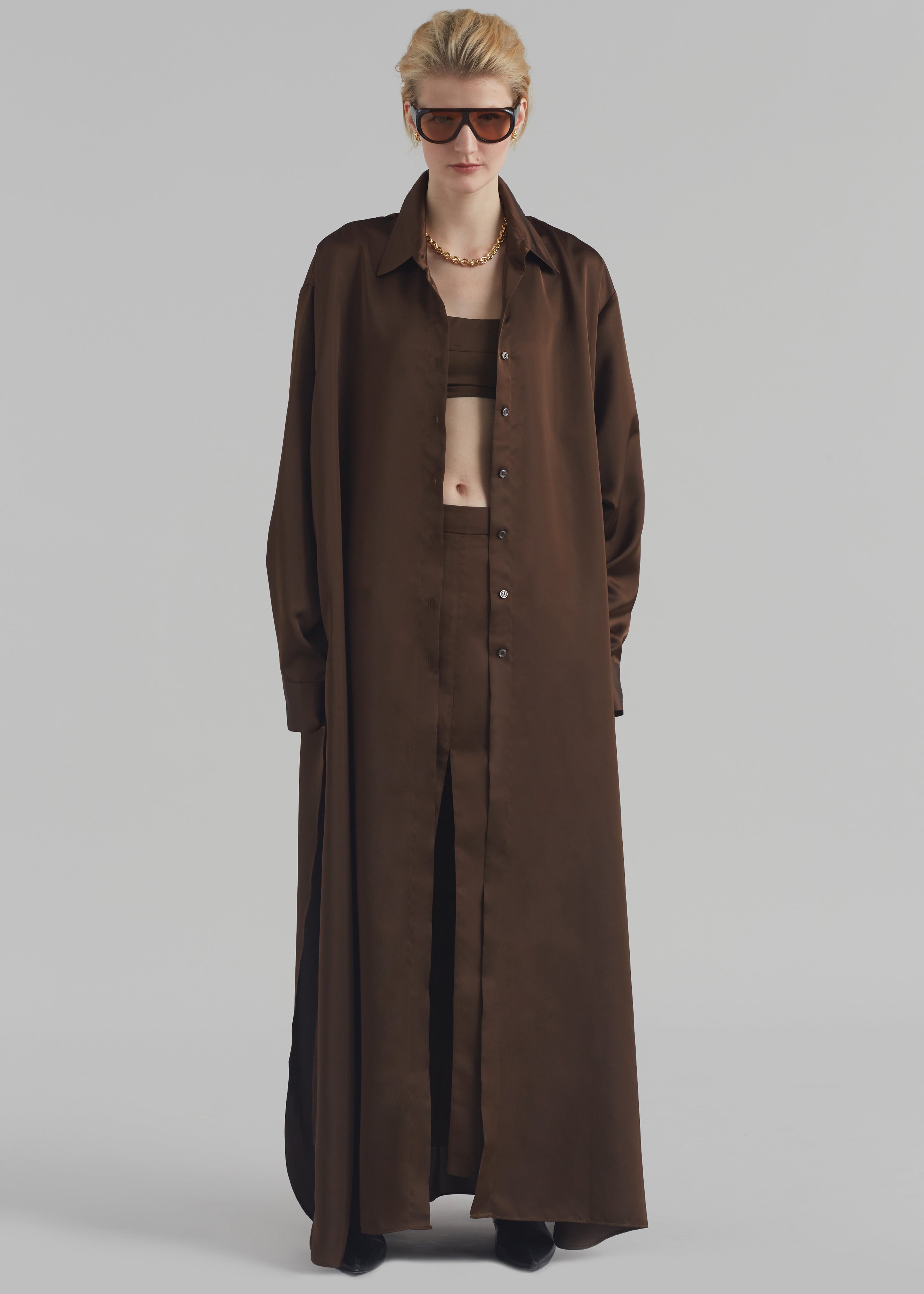 Avery Satin Shirt Dress - Brown - 1