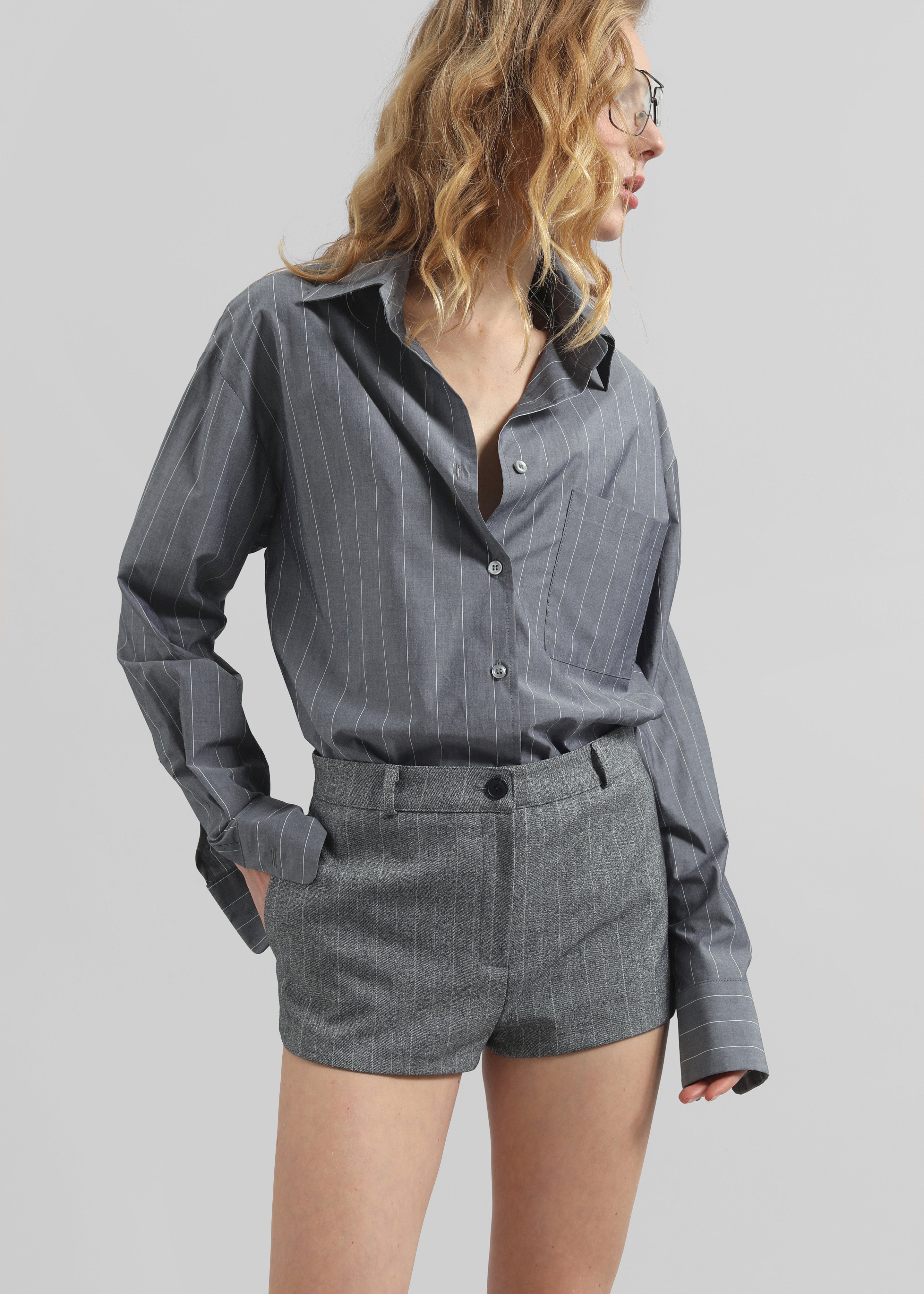 Beatrix Button Up Shirt - Grey/White Pinstripe - 6