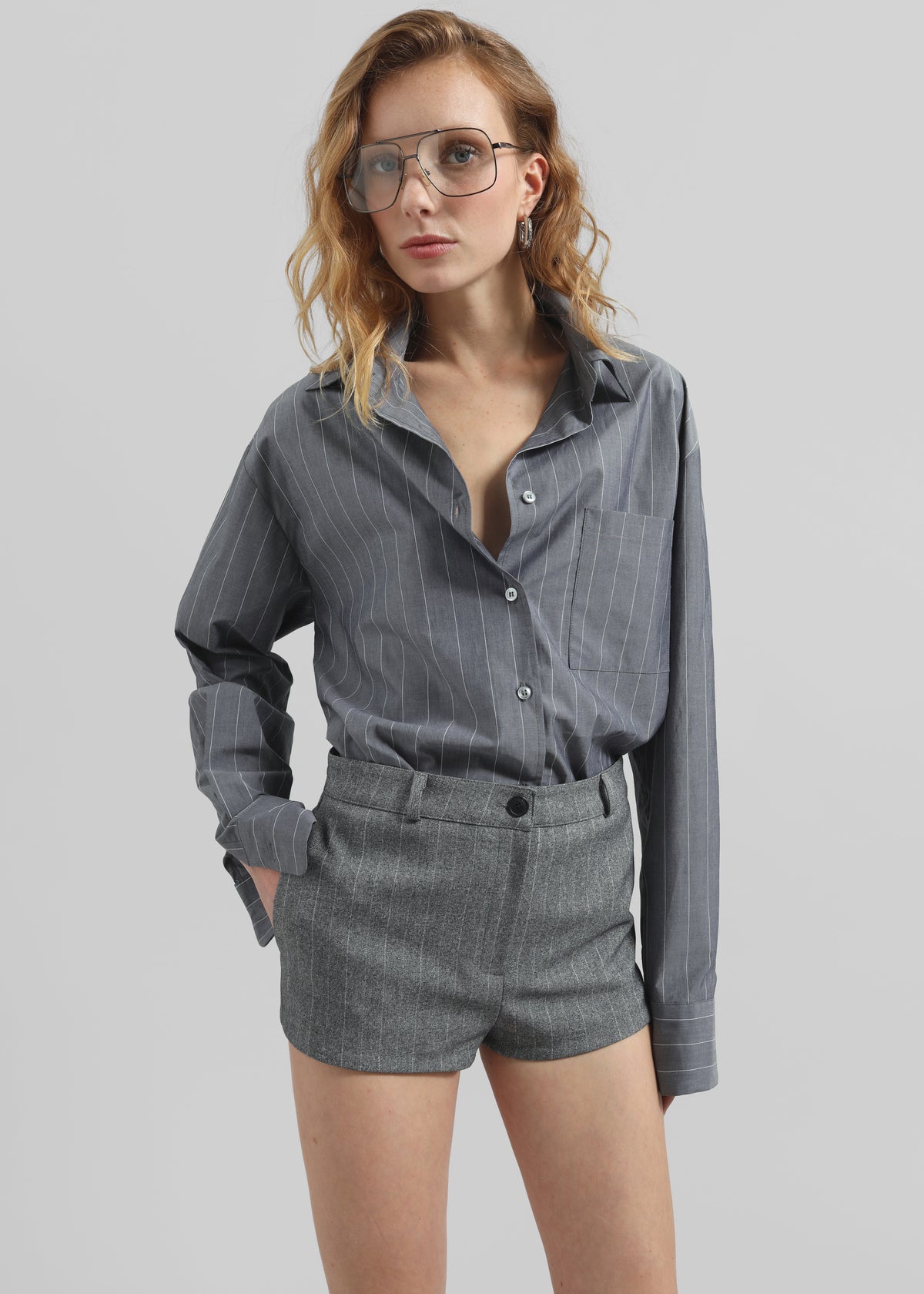 Beatrix Button Up Shirt - Grey/White Pinstripe - 1