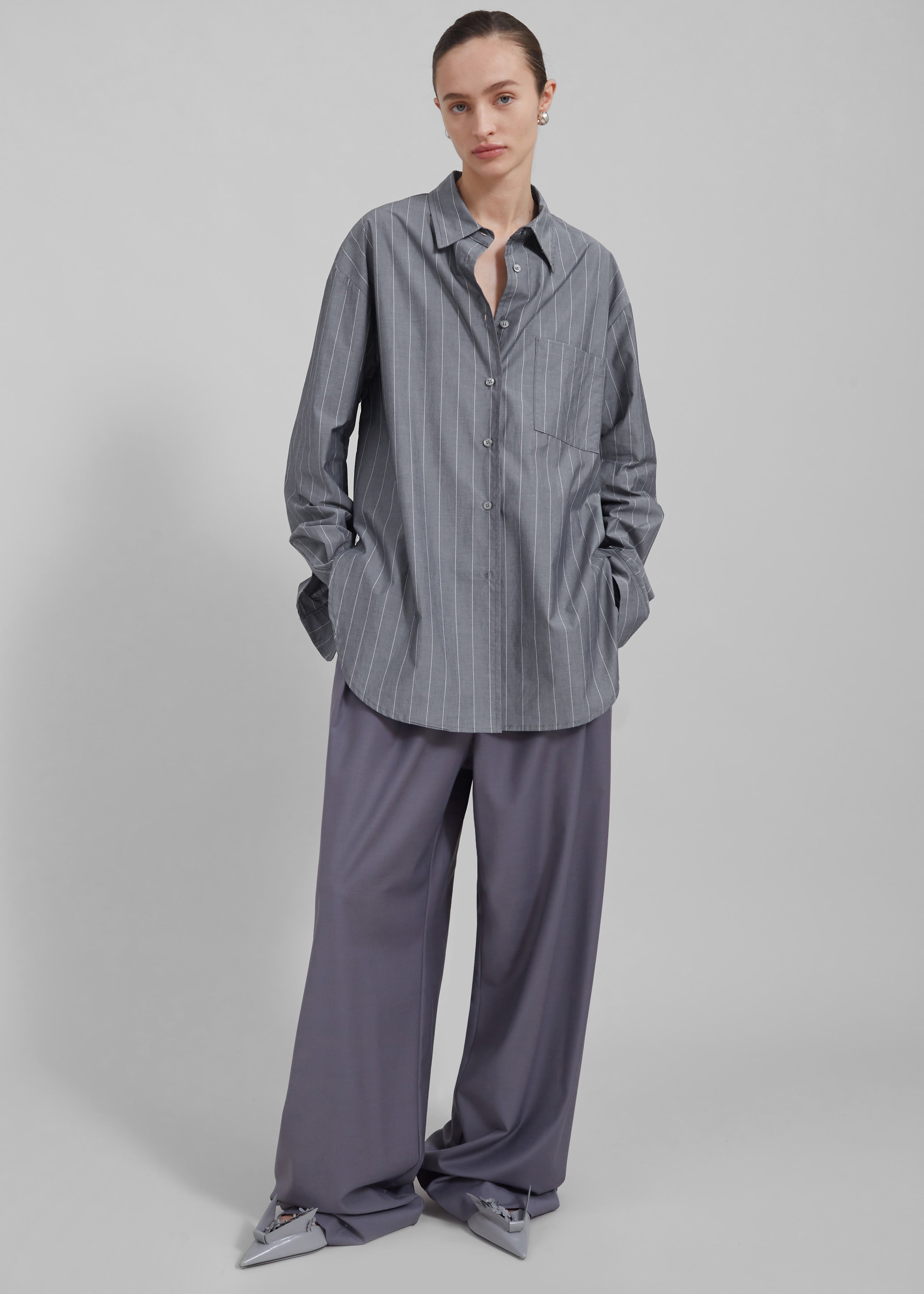 Beatrix Button Up Shirt - Grey/White Pinstripe - 4