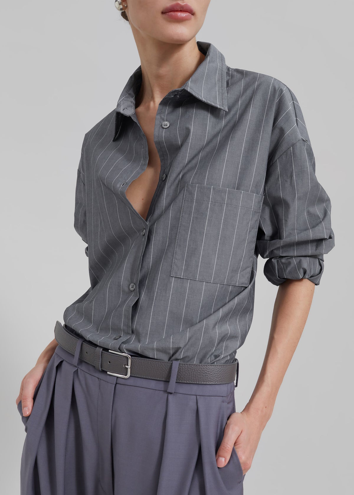 Beatrix Button Up Shirt - Grey/White Pinstripe - 3