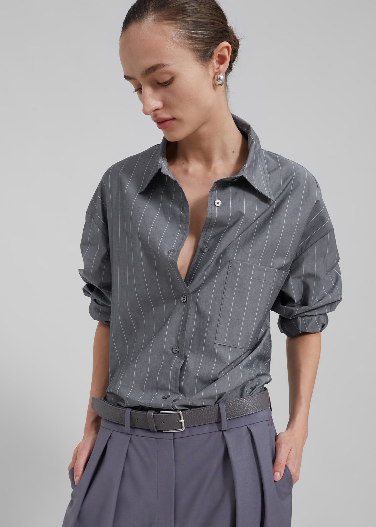 Beatrix Button Up Shirt - Grey/White Pinstripe - 8