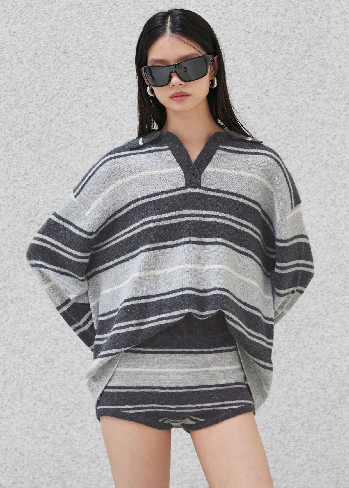 Belize Knit Polo Sweater - Grey Stripe - 1