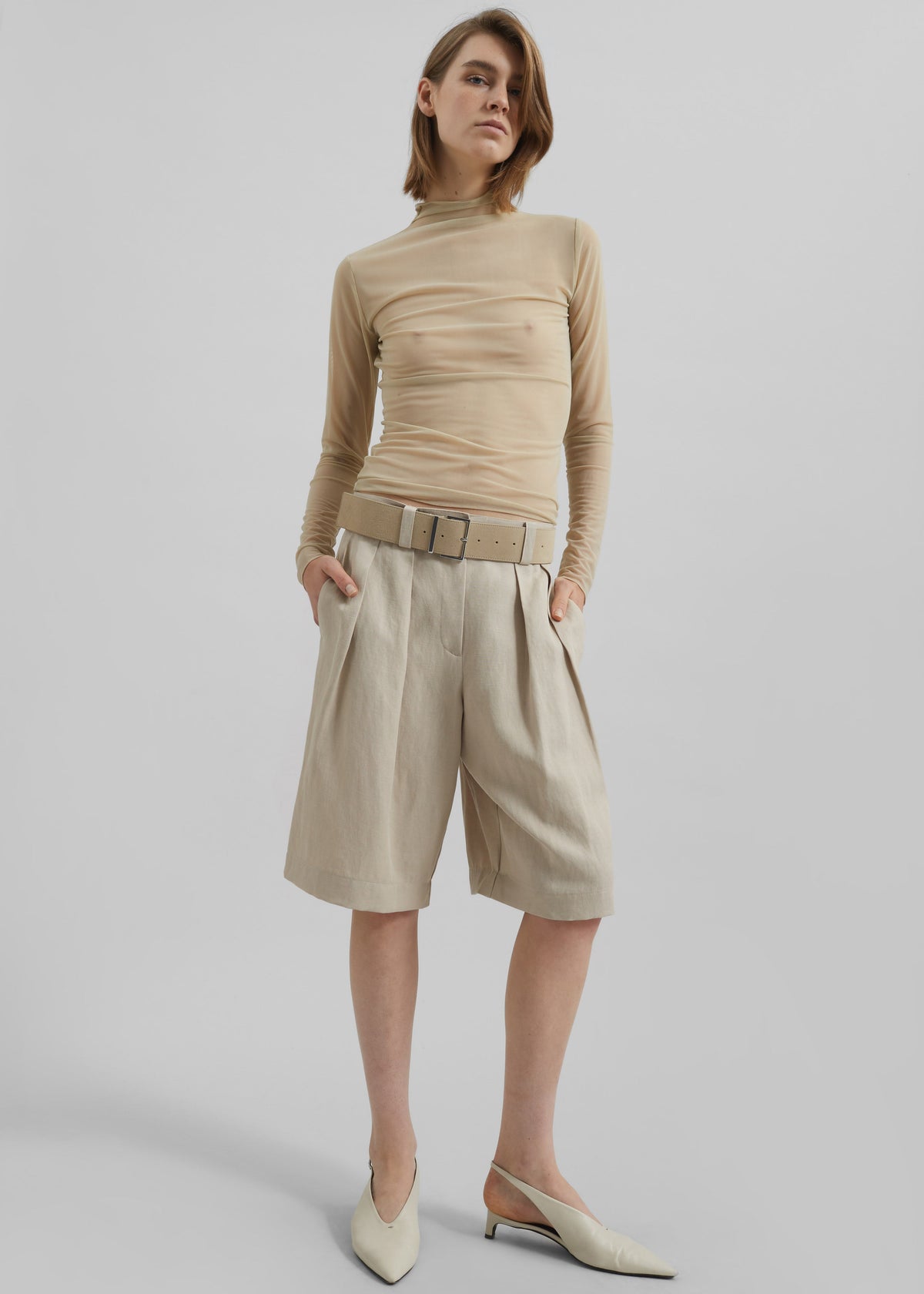 Bilbao Pleated Linen Bermuda Shorts - Cement - 3