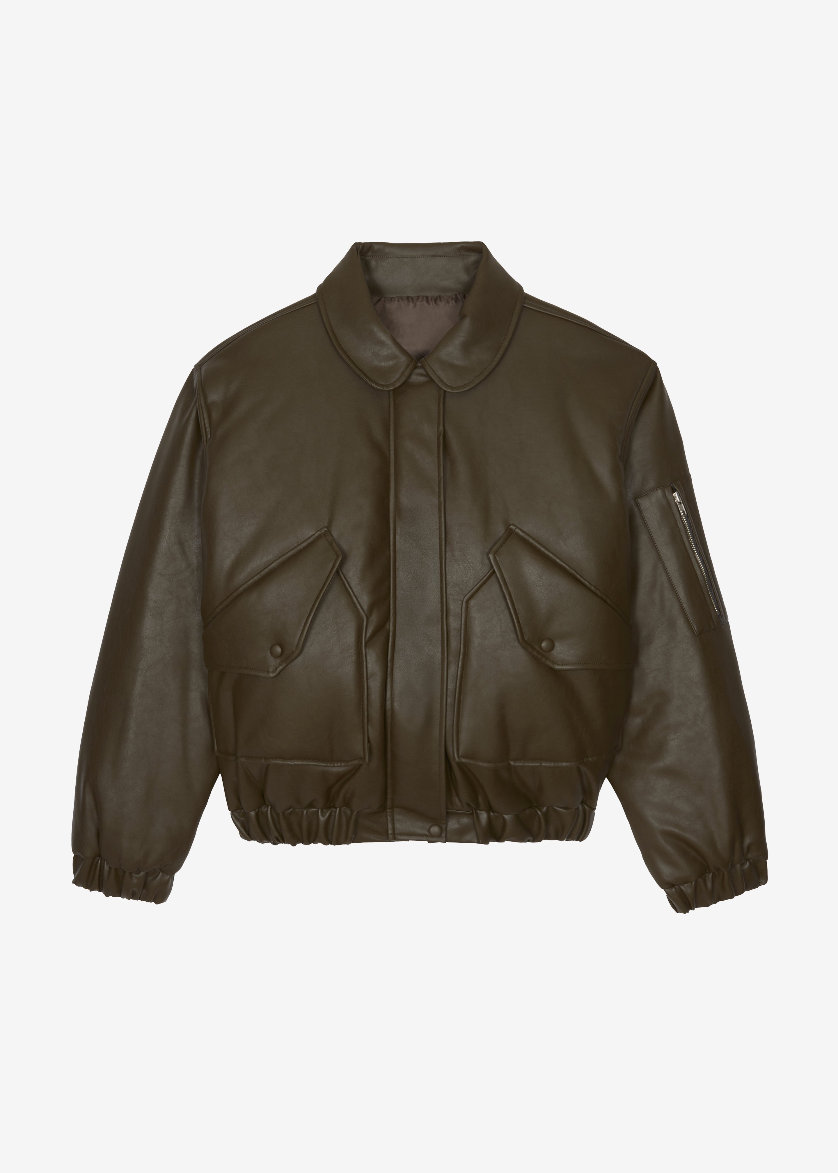 Blane Faux Leather Padded Bomber Jacket - Khaki Brown - 10