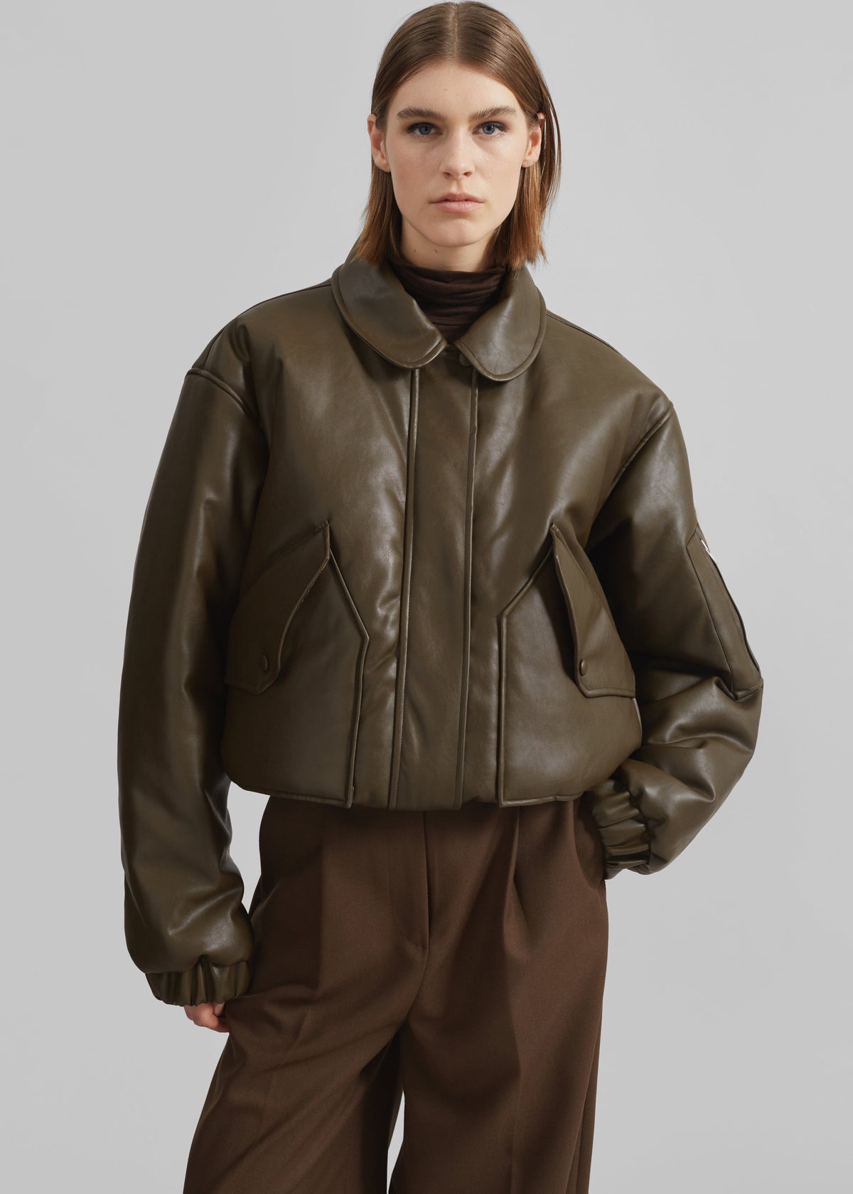 Blane Faux Leather Padded Bomber Jacket - Khaki Brown - 8