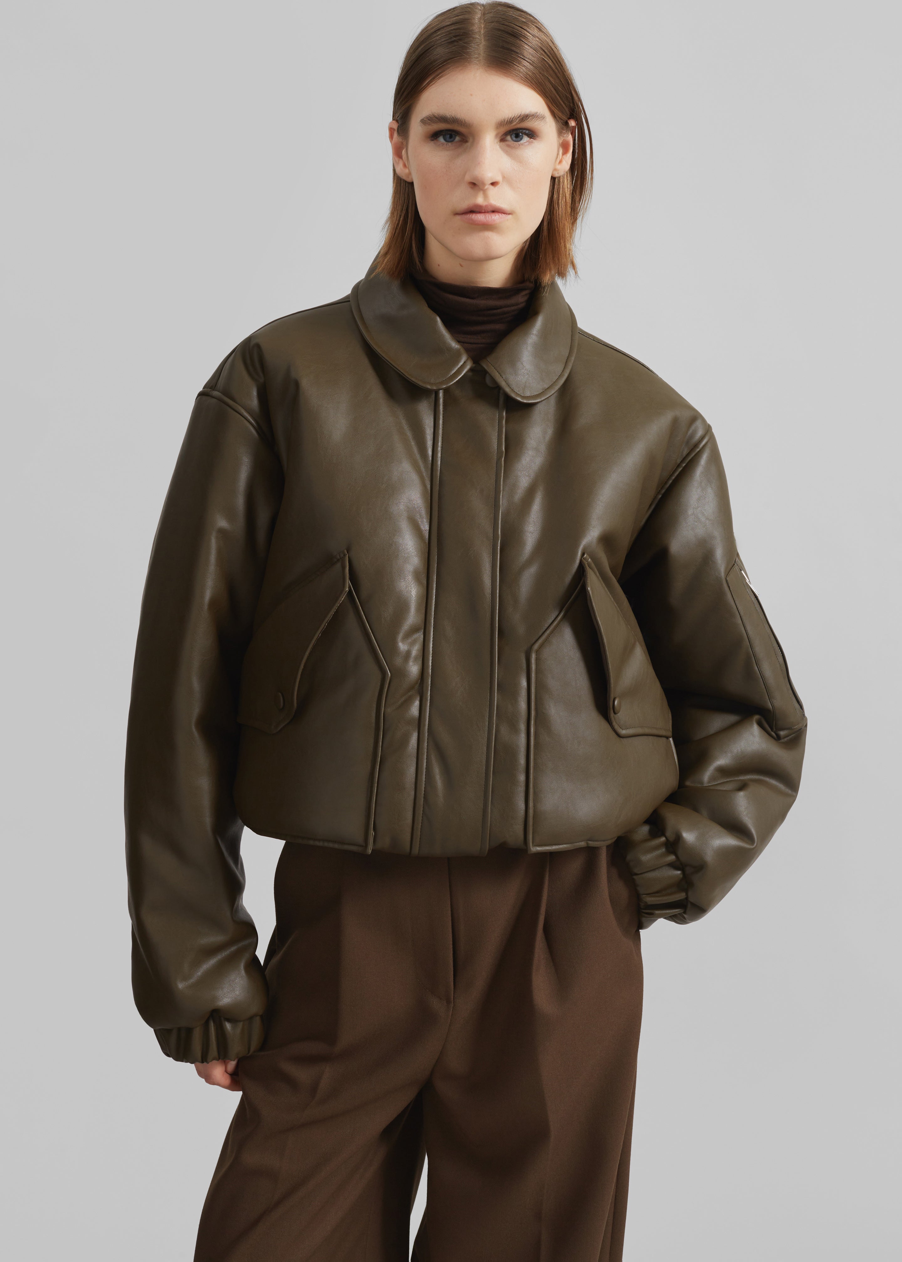 Blane Faux Leather Padded Bomber Jacket - Khaki Brown - 8