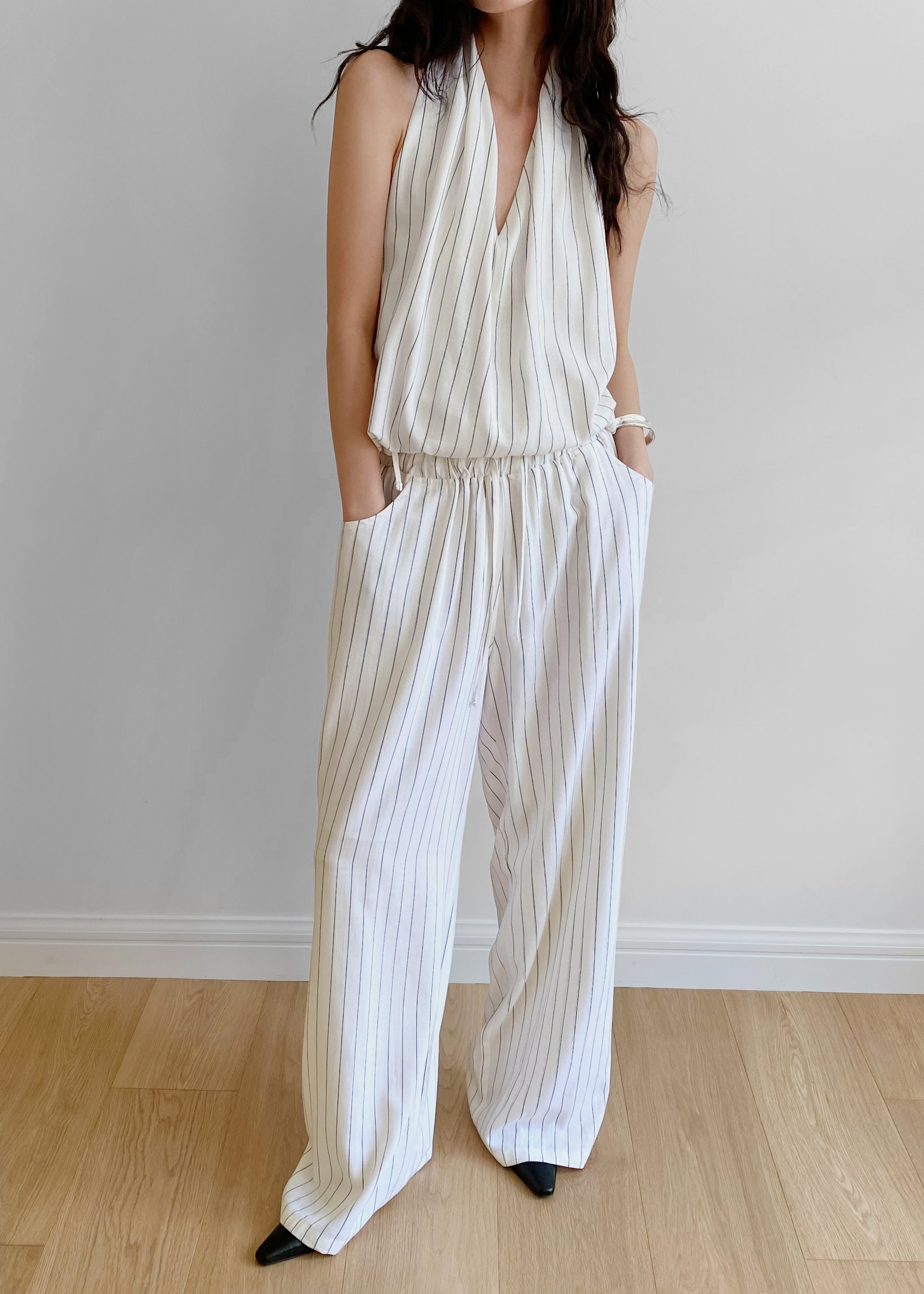 Branton Drawstring Pants - White/Black Pinstripe - 8