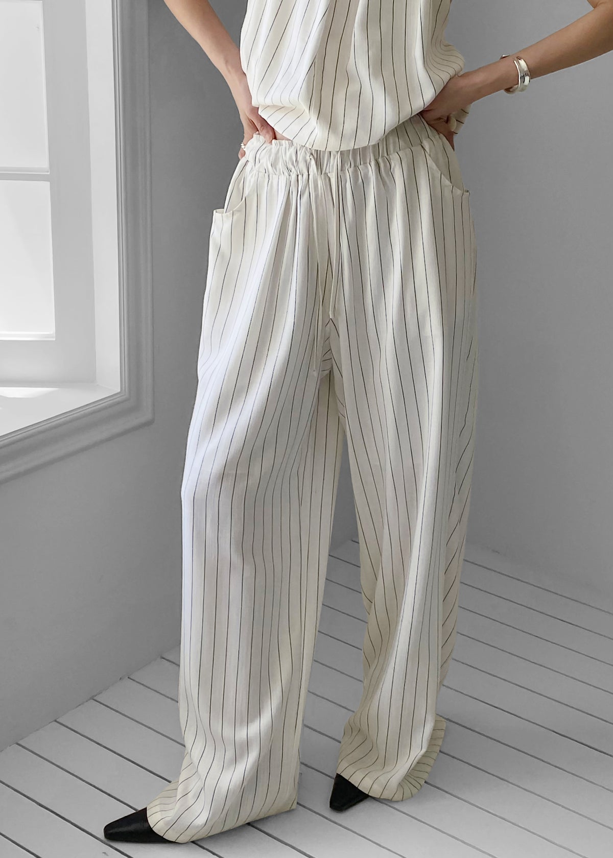 Branton Drawstring Pants - White/Black Pinstripe - 3